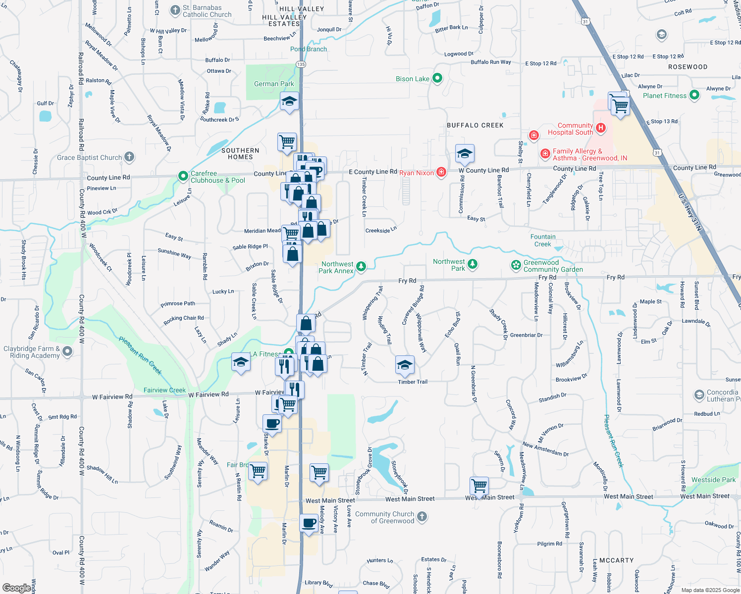 map of restaurants, bars, coffee shops, grocery stores, and more near 762 Whispering Trail in Greenwood