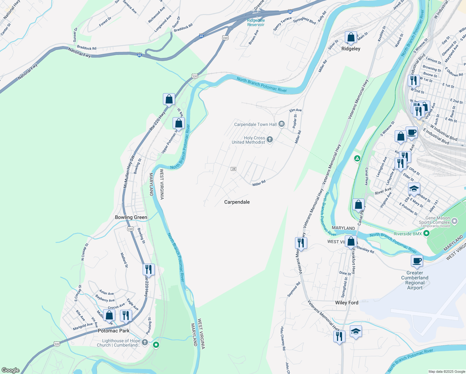 map of restaurants, bars, coffee shops, grocery stores, and more near 20 Buser Street in Ridgeley