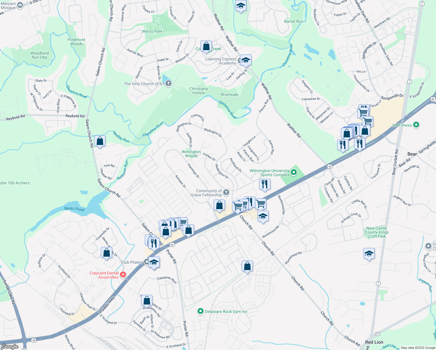 map of restaurants, bars, coffee shops, grocery stores, and more near 5 Bushwick Drive in Newark