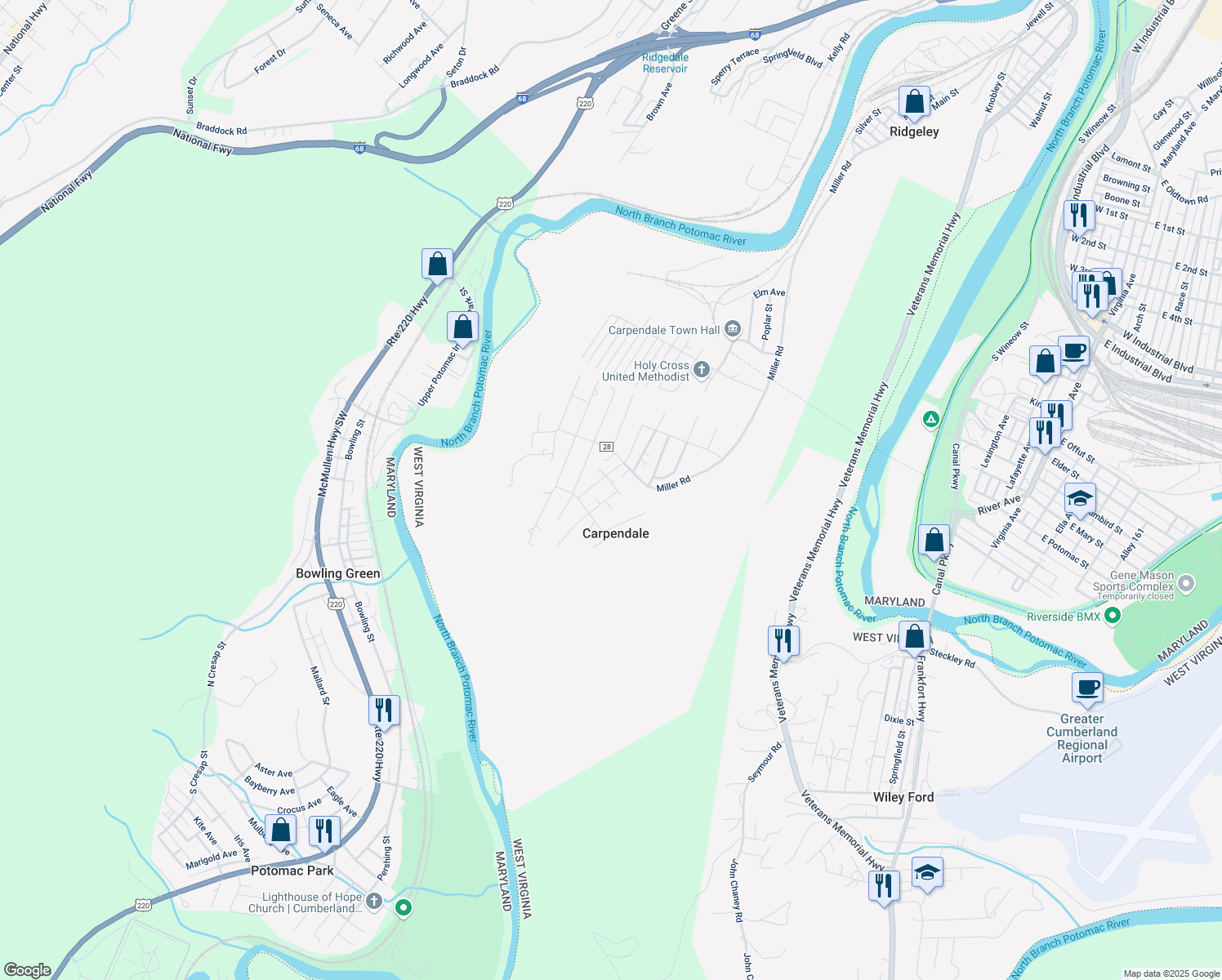 map of restaurants, bars, coffee shops, grocery stores, and more near 20 Buser Street in Ridgeley