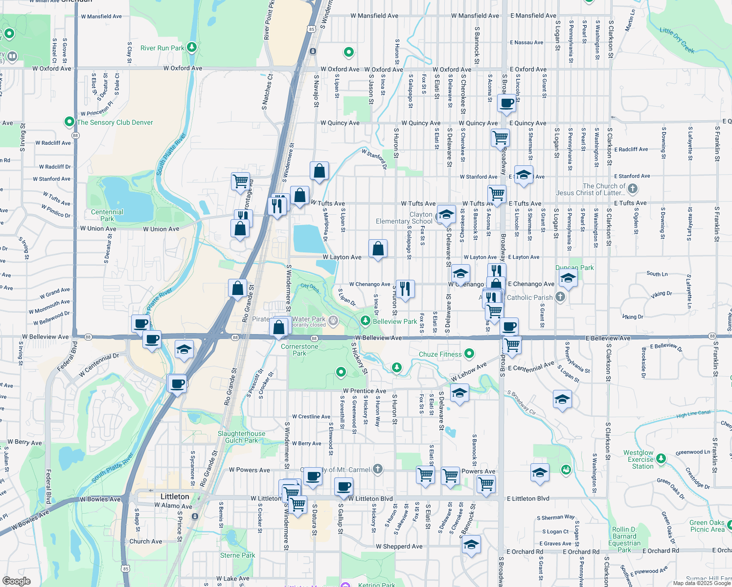 map of restaurants, bars, coffee shops, grocery stores, and more near 4936 South Kalamath Drive in Englewood