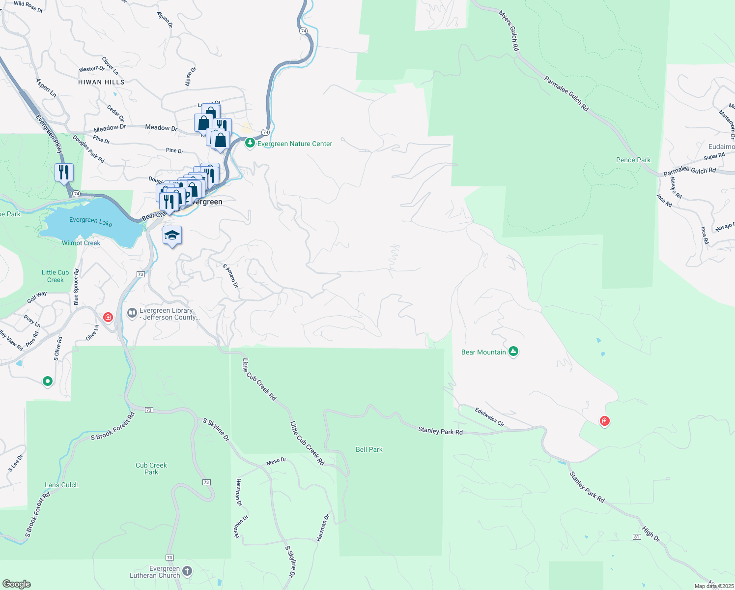 map of restaurants, bars, coffee shops, grocery stores, and more near 26775 Fern Gulch Road in Evergreen