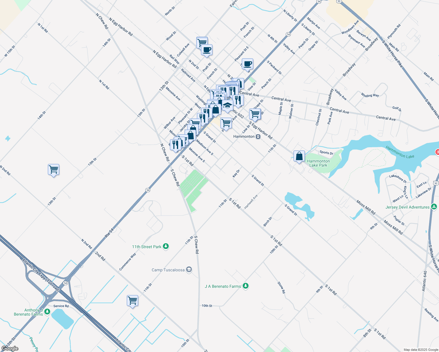 map of restaurants, bars, coffee shops, grocery stores, and more near 225 Price St in Hammonton