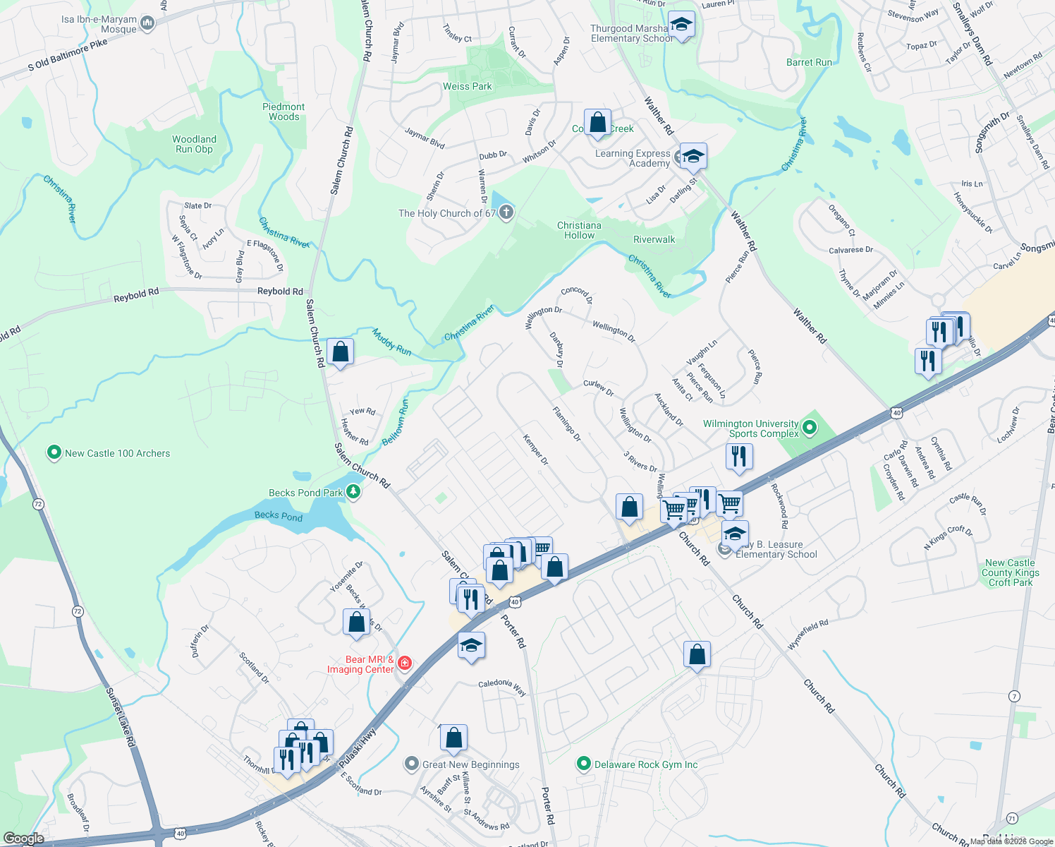 map of restaurants, bars, coffee shops, grocery stores, and more near 119 East Plover Drive in Newark