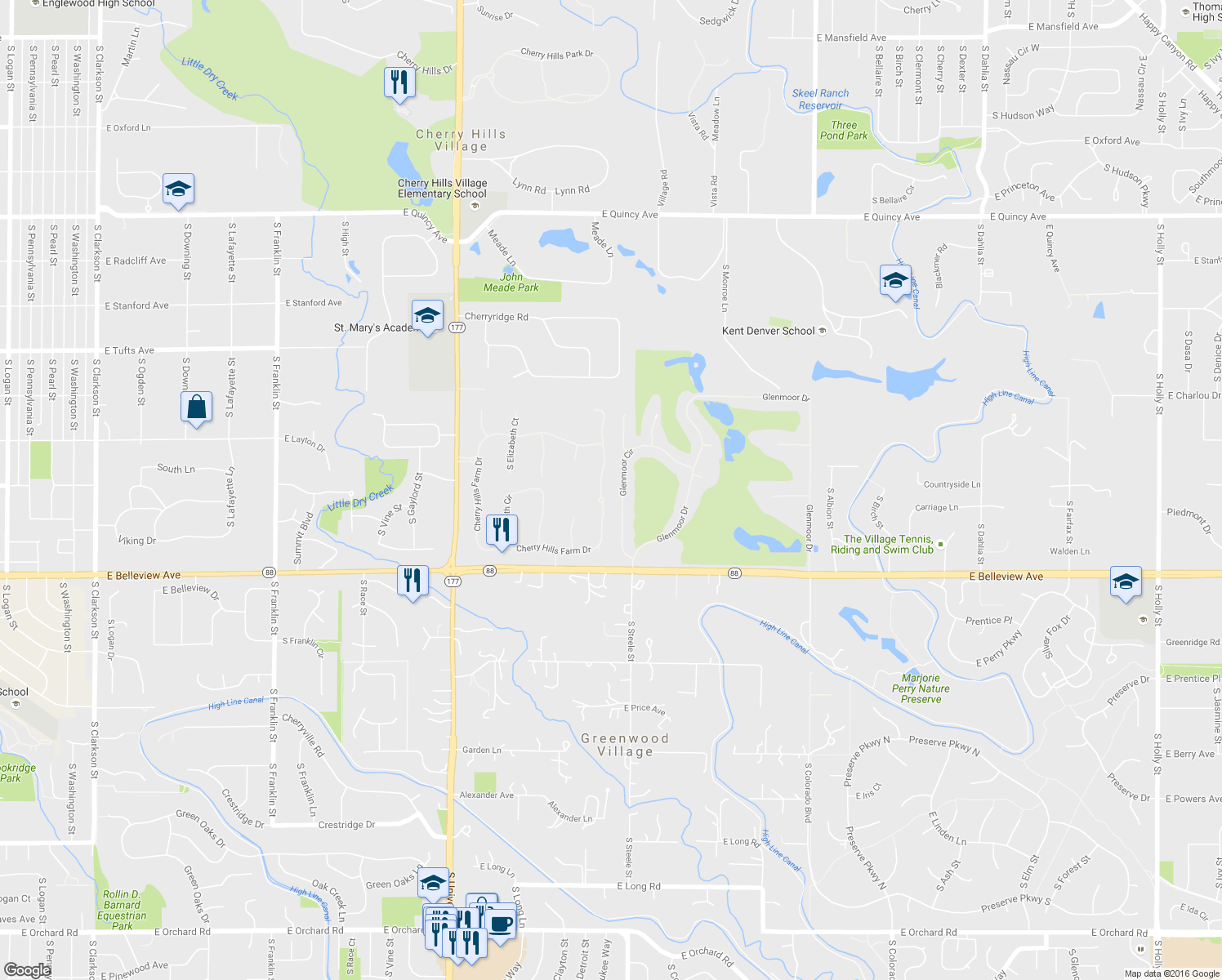 map of restaurants, bars, coffee shops, grocery stores, and more near 31 Cherry Hills Farm Drive in Englewood