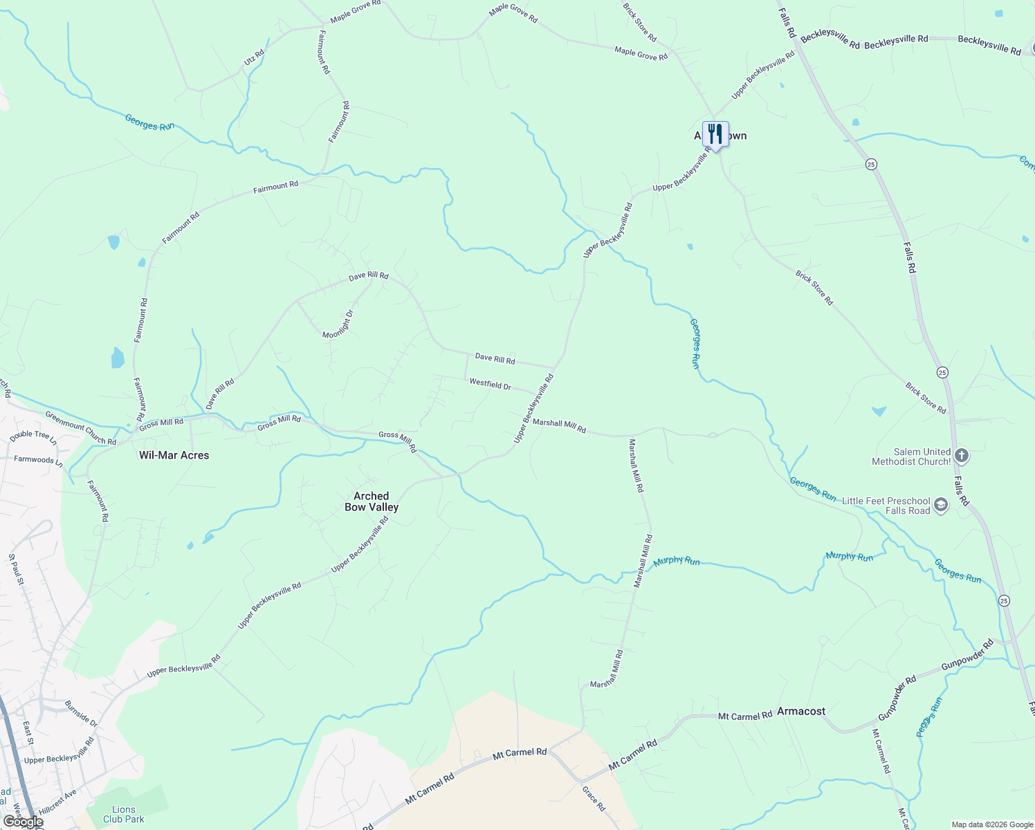 map of restaurants, bars, coffee shops, grocery stores, and more near 4900 Upper Beckleysville Road in Hampstead