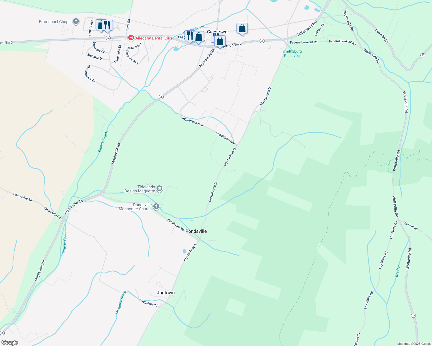 map of restaurants, bars, coffee shops, grocery stores, and more near 11340 Crystal Falls Drive in Smithsburg