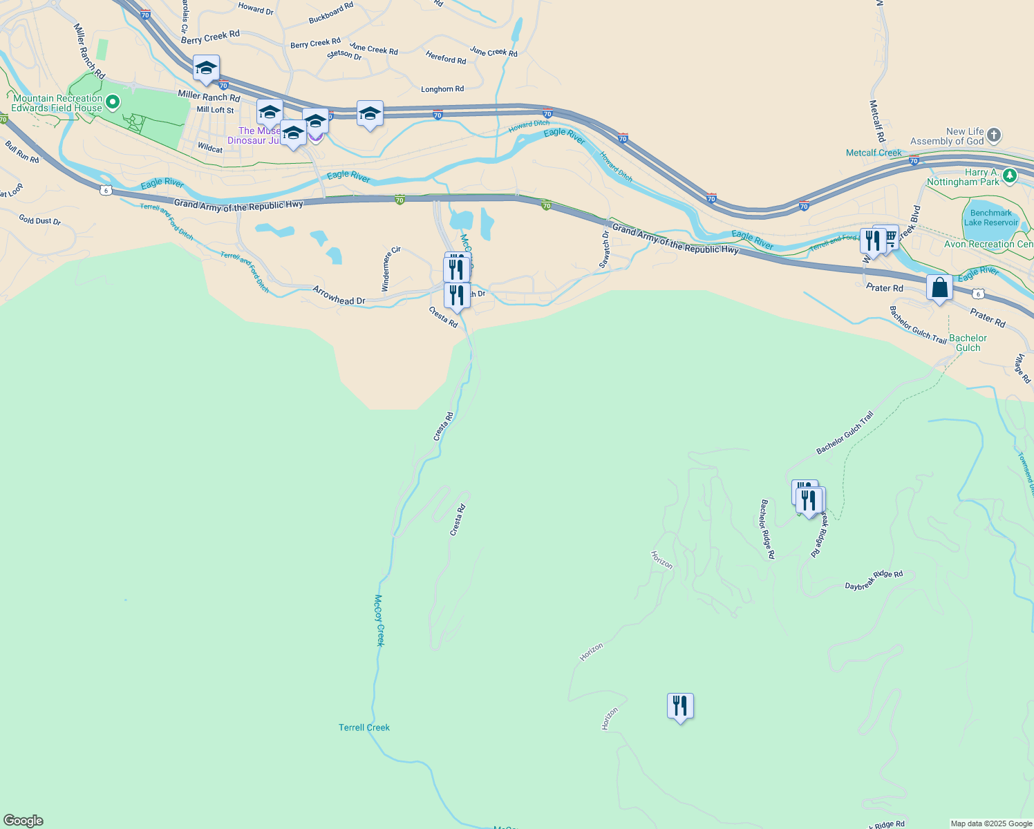 map of restaurants, bars, coffee shops, grocery stores, and more near 402 Cresta Road in Edwards