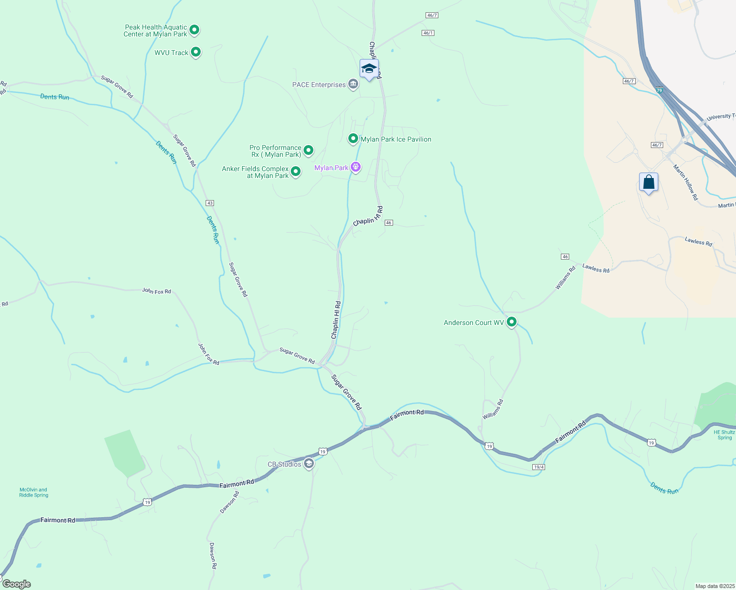 map of restaurants, bars, coffee shops, grocery stores, and more near 1573 Sugar Lane Terrace in Morgantown