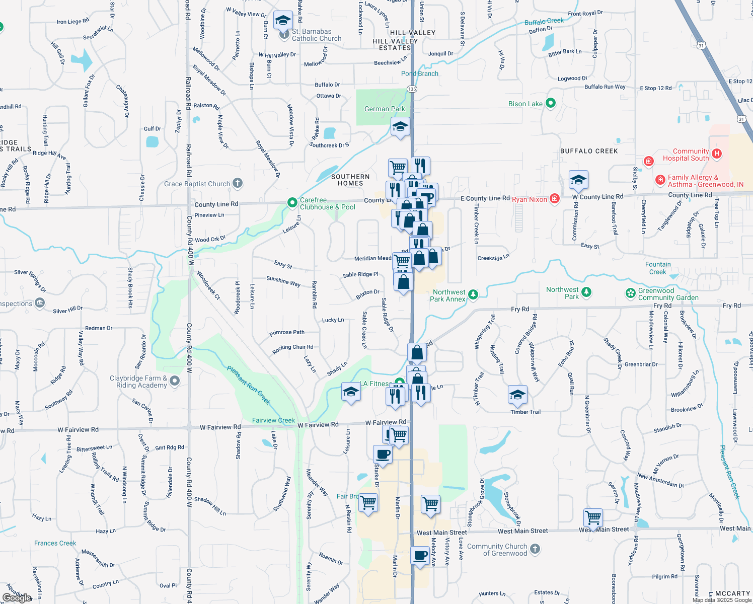 map of restaurants, bars, coffee shops, grocery stores, and more near 852 Sable Creek Lane in Greenwood