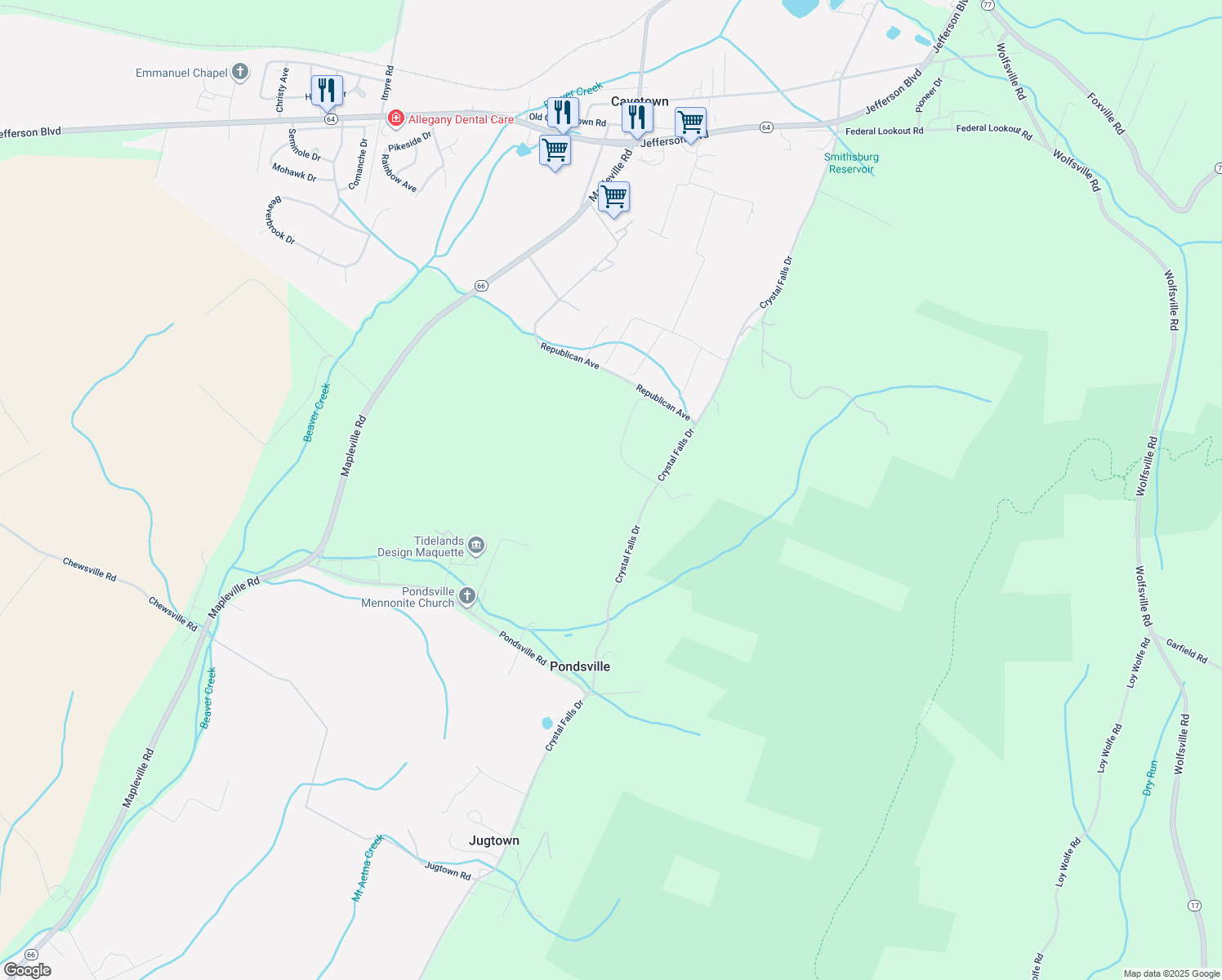 map of restaurants, bars, coffee shops, grocery stores, and more near 11340 Crystal Falls Drive in Smithsburg
