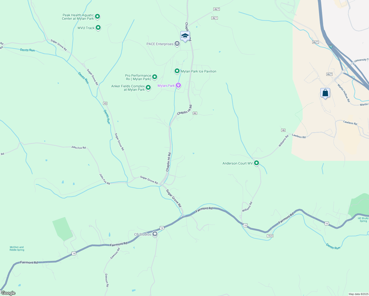 map of restaurants, bars, coffee shops, grocery stores, and more near 1573 Sugar Lane Terrace in Morgantown