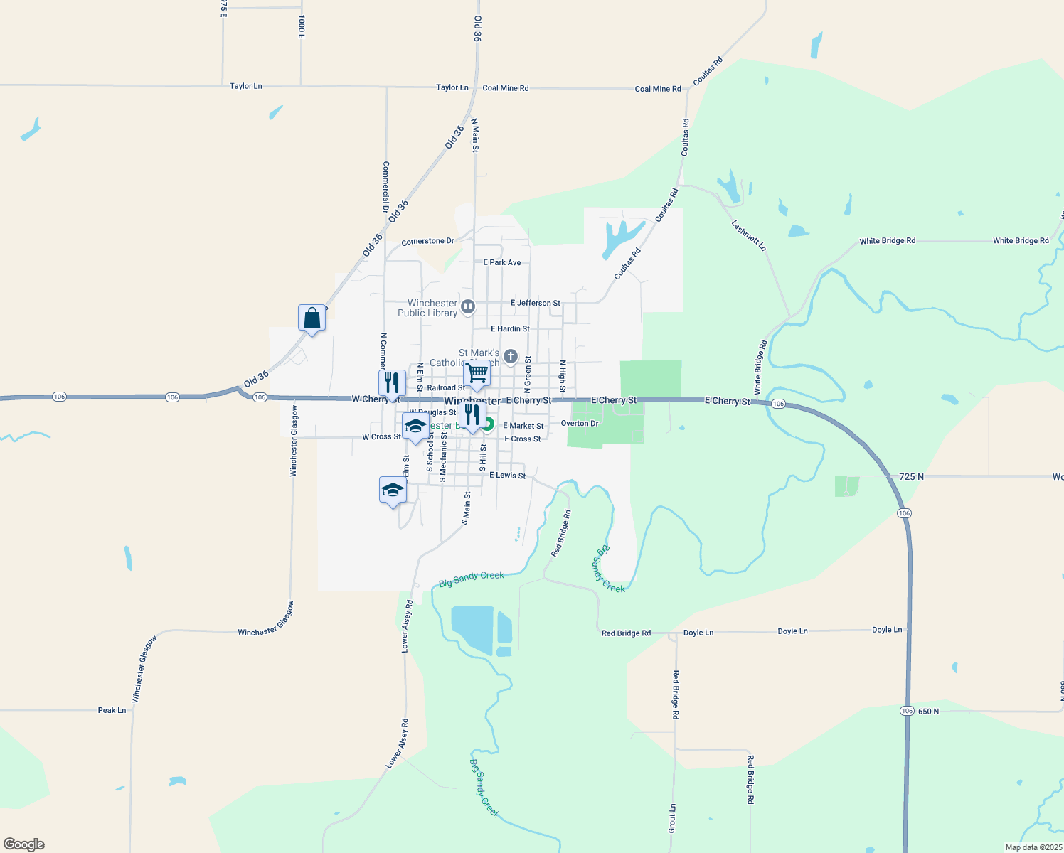 map of restaurants, bars, coffee shops, grocery stores, and more near 240 E Market St in Winchester