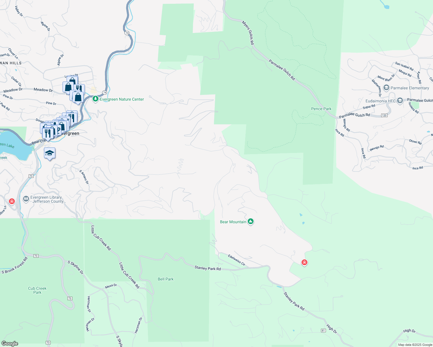 map of restaurants, bars, coffee shops, grocery stores, and more near 26011 Fern Gulch Road in Evergreen