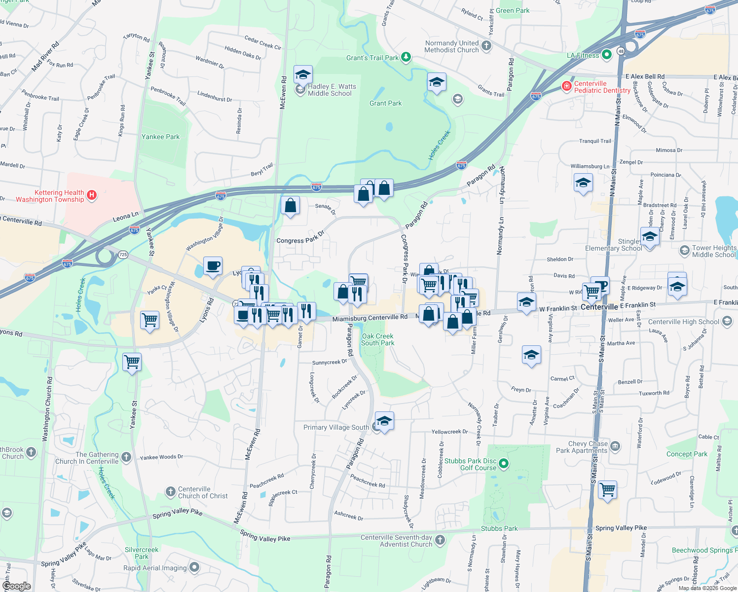 map of restaurants, bars, coffee shops, grocery stores, and more near 7647 Paragon Commons Circle in Dayton