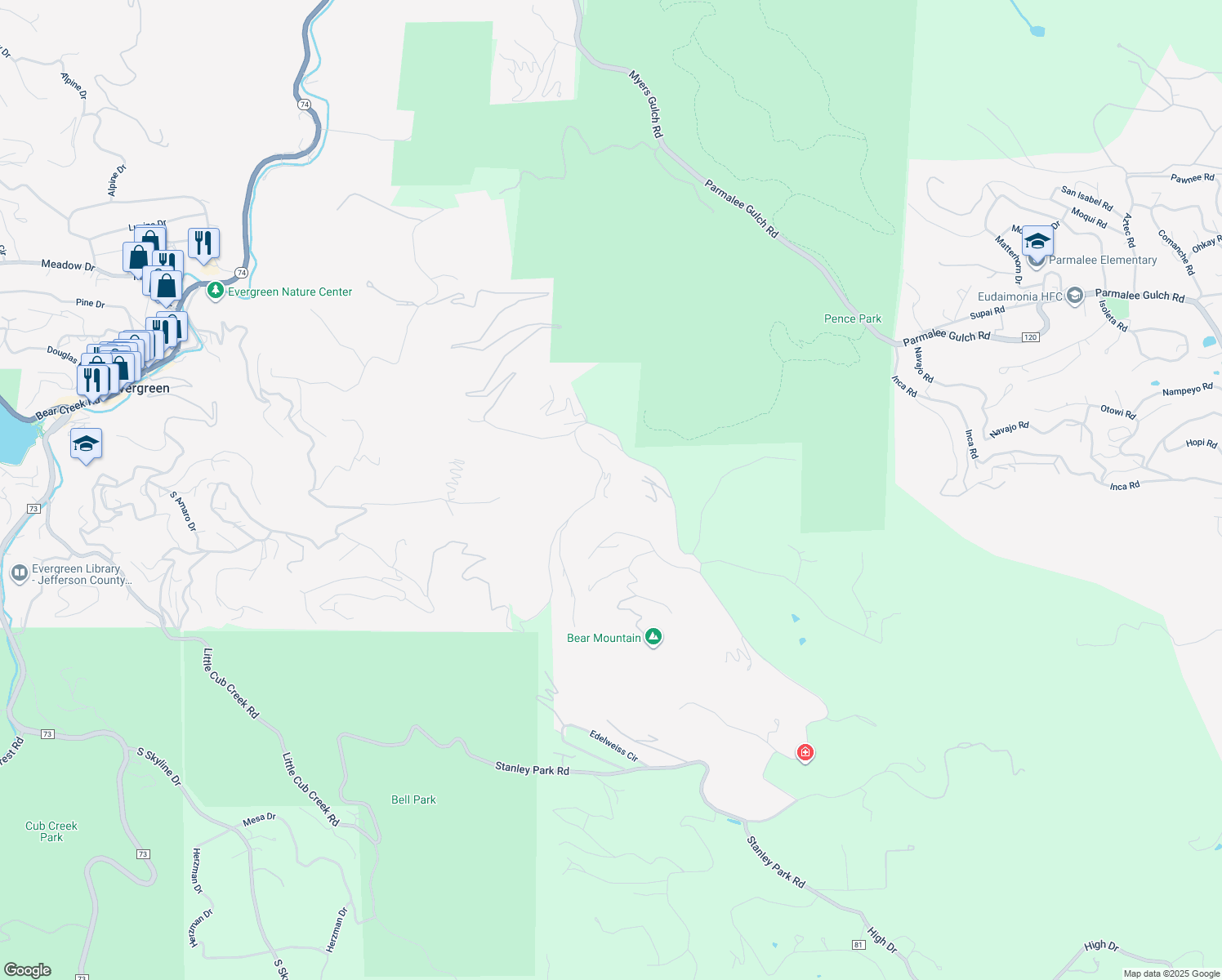 map of restaurants, bars, coffee shops, grocery stores, and more near 25952 Fern Gulch Road in Evergreen