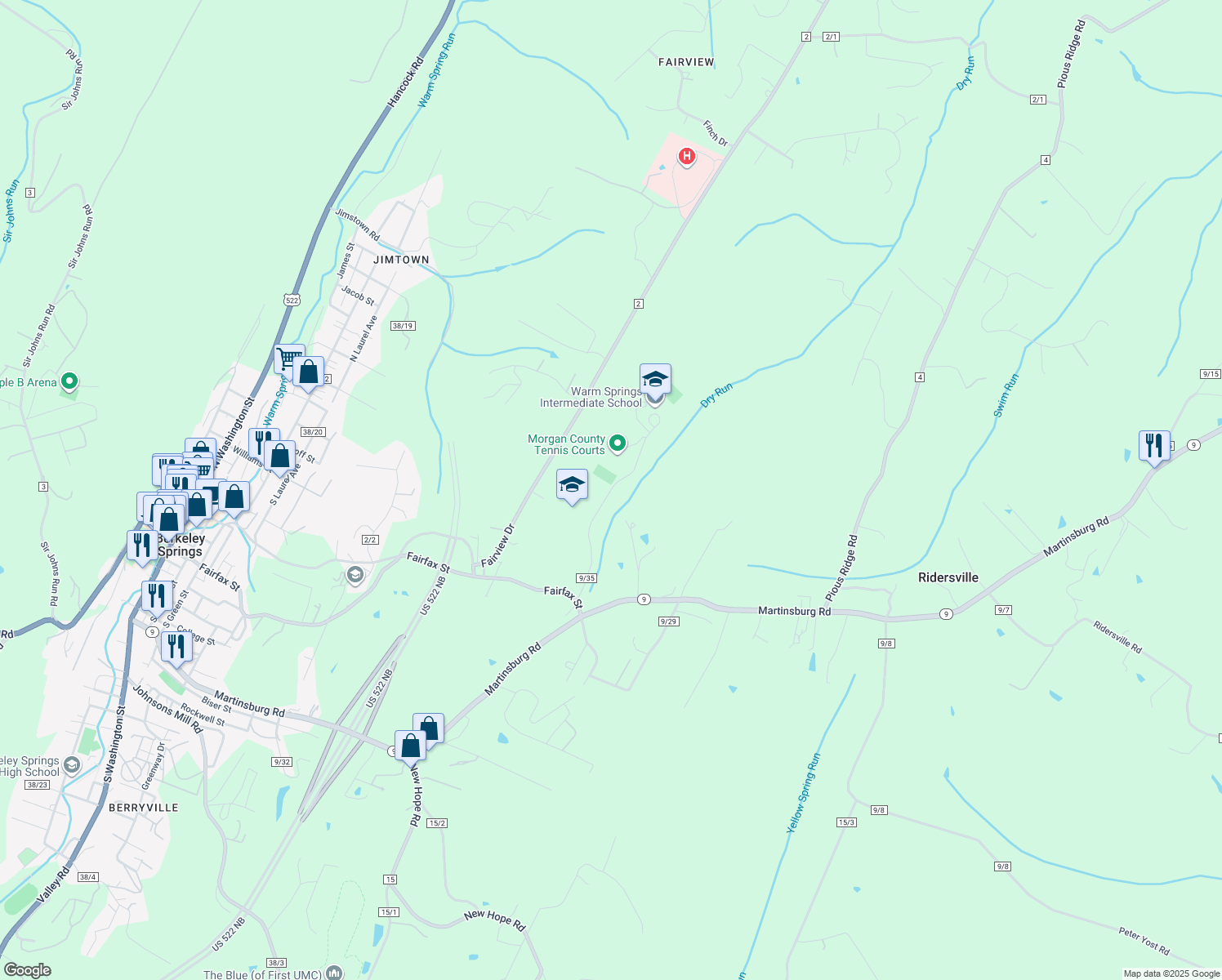 map of restaurants, bars, coffee shops, grocery stores, and more near Warm Springs Way in Berkeley Springs