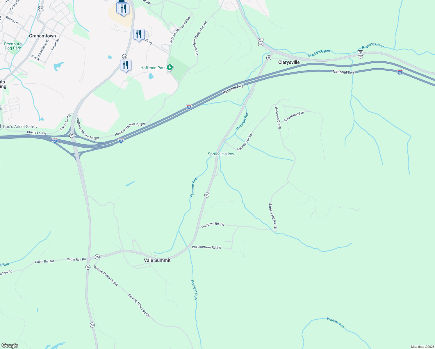 map of restaurants, bars, coffee shops, grocery stores, and more near 12008 Hickory Ridge Lane Southwest in Frostburg