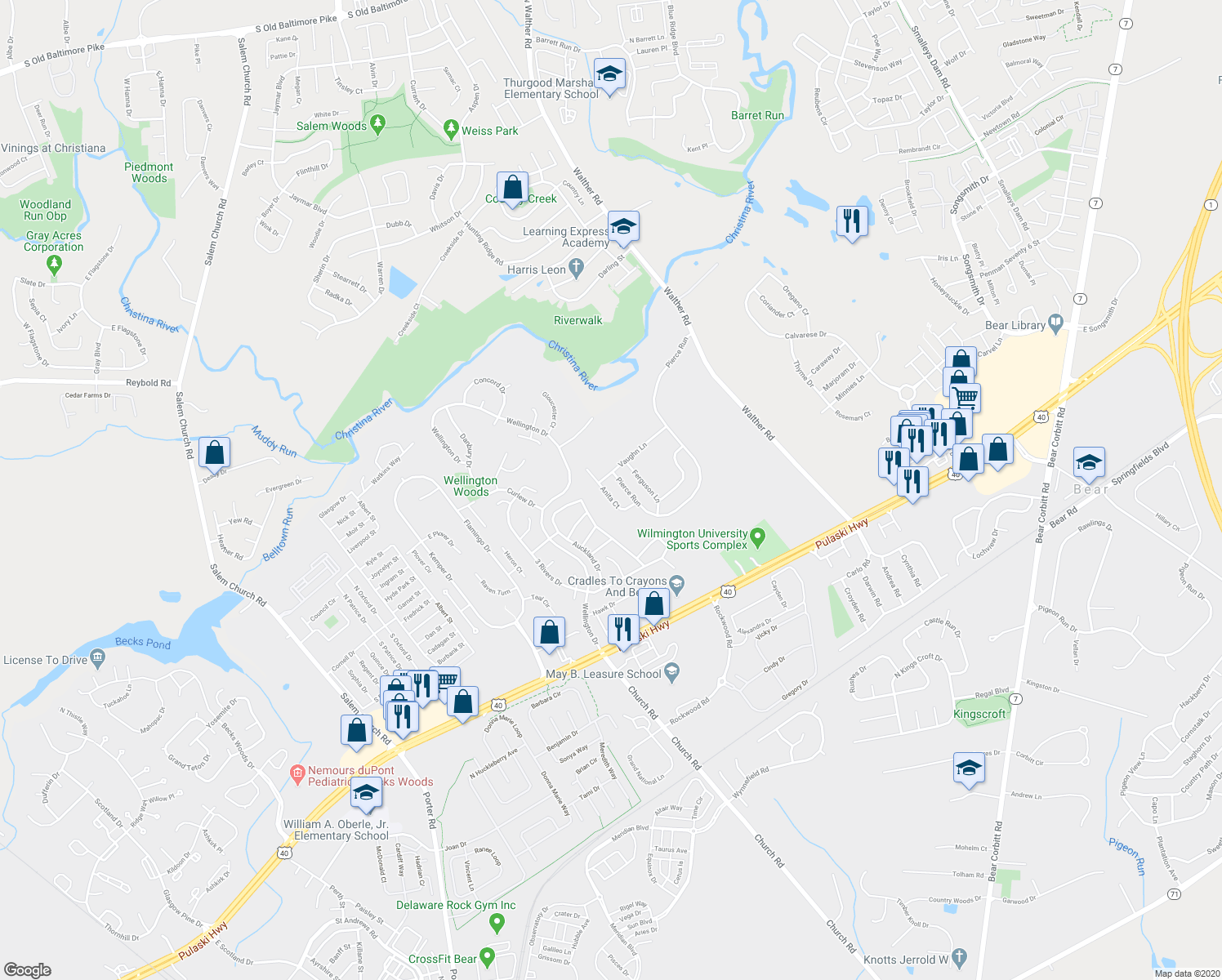 map of restaurants, bars, coffee shops, grocery stores, and more near 228 Anita Court in Newark