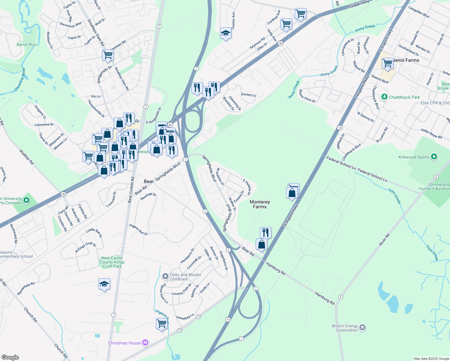 map of restaurants, bars, coffee shops, grocery stores, and more near 6 Shamrock Avenue in New Castle