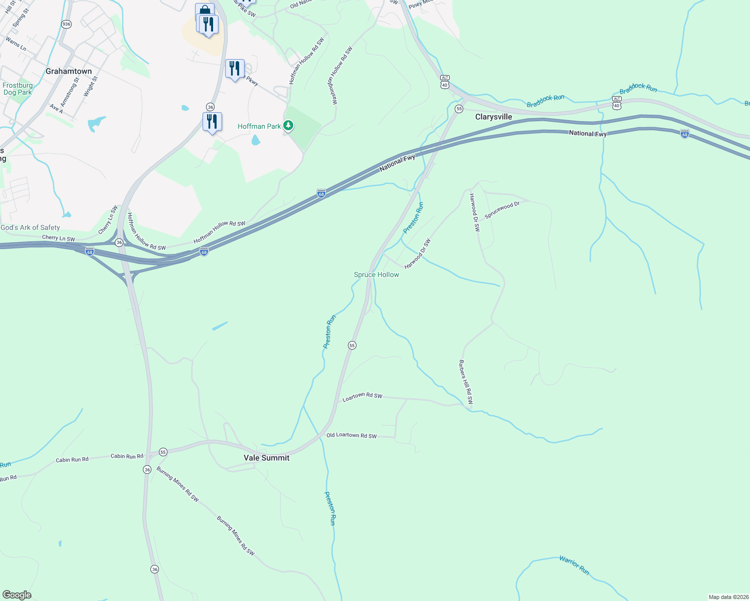 map of restaurants, bars, coffee shops, grocery stores, and more near 12008 Hickory Ridge Lane Southwest in Frostburg