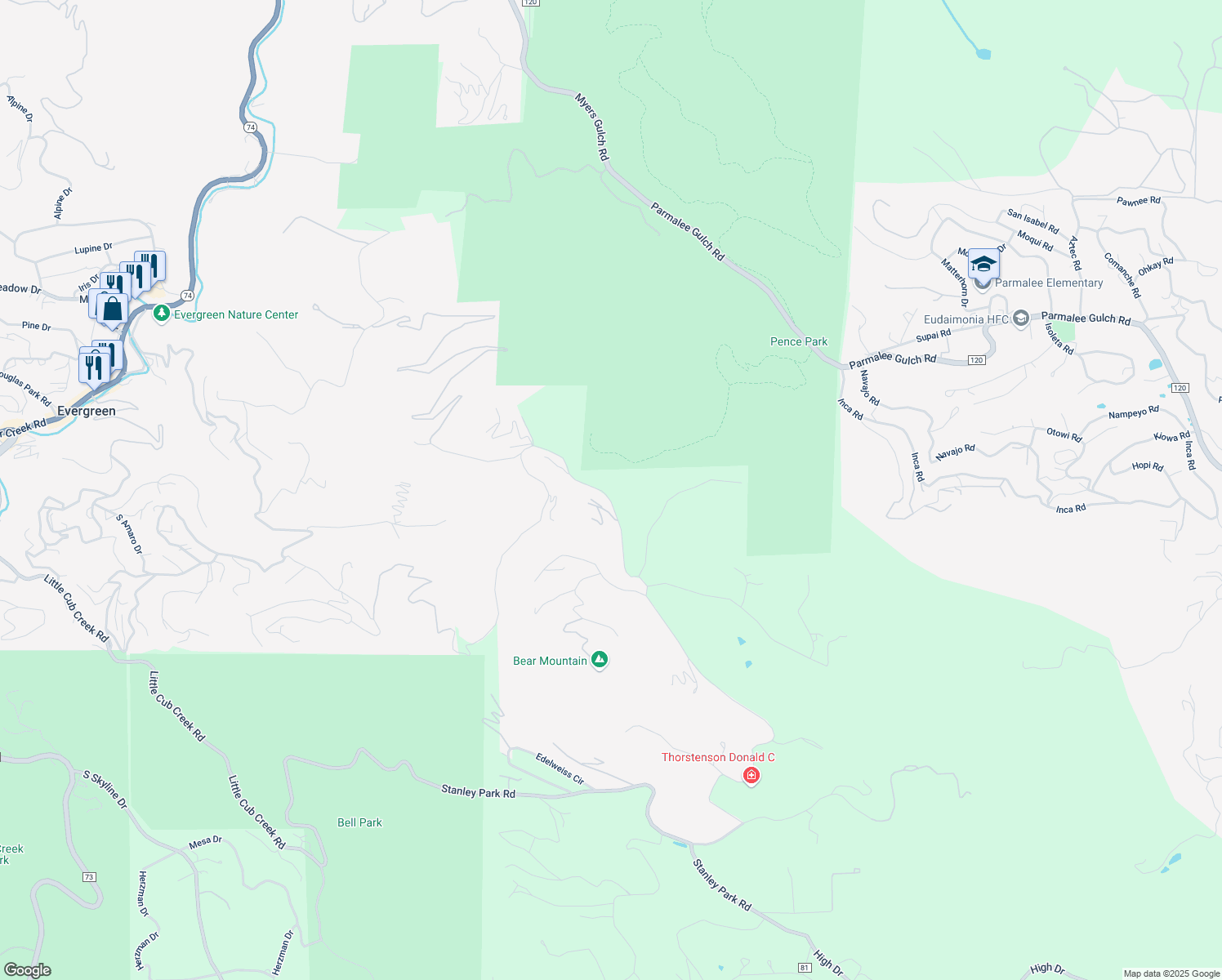 map of restaurants, bars, coffee shops, grocery stores, and more near 25633 Independence Trail in Evergreen