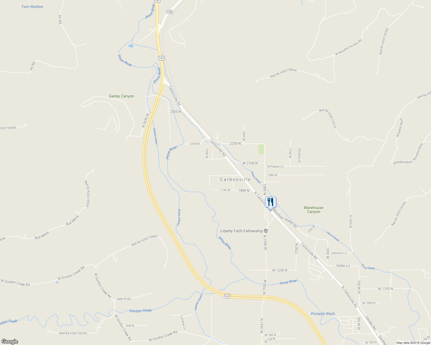 map of restaurants, bars, coffee shops, grocery stores, and more near 1888 West 2000 North in Helper