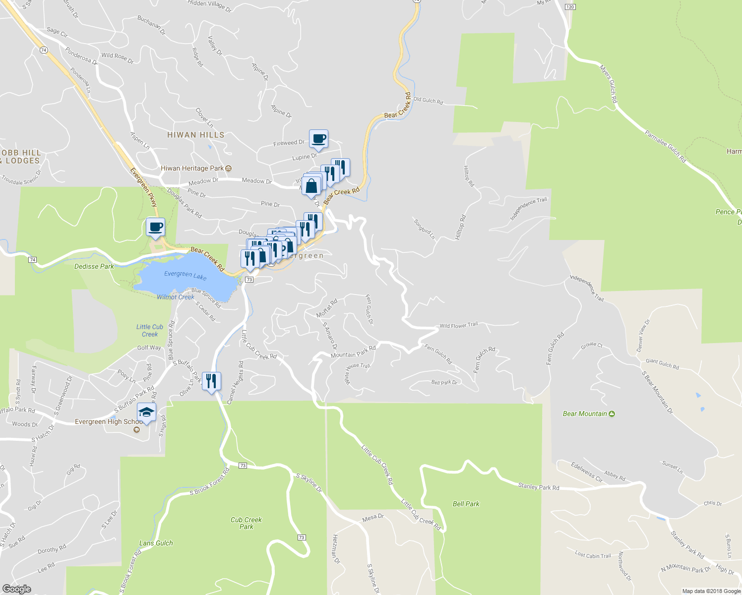 map of restaurants, bars, coffee shops, grocery stores, and more near 27661 Fern Gulch Drive in Evergreen