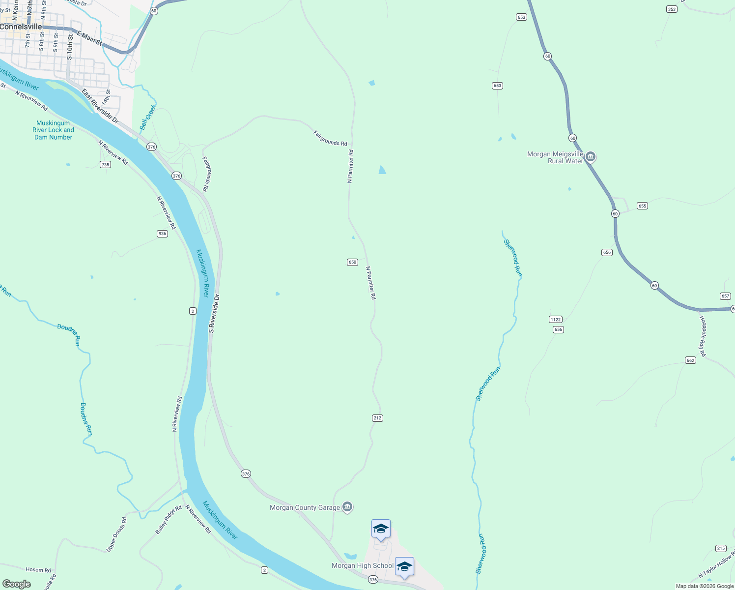 map of restaurants, bars, coffee shops, grocery stores, and more near 2115 North Parmiter Road in McConnelsville