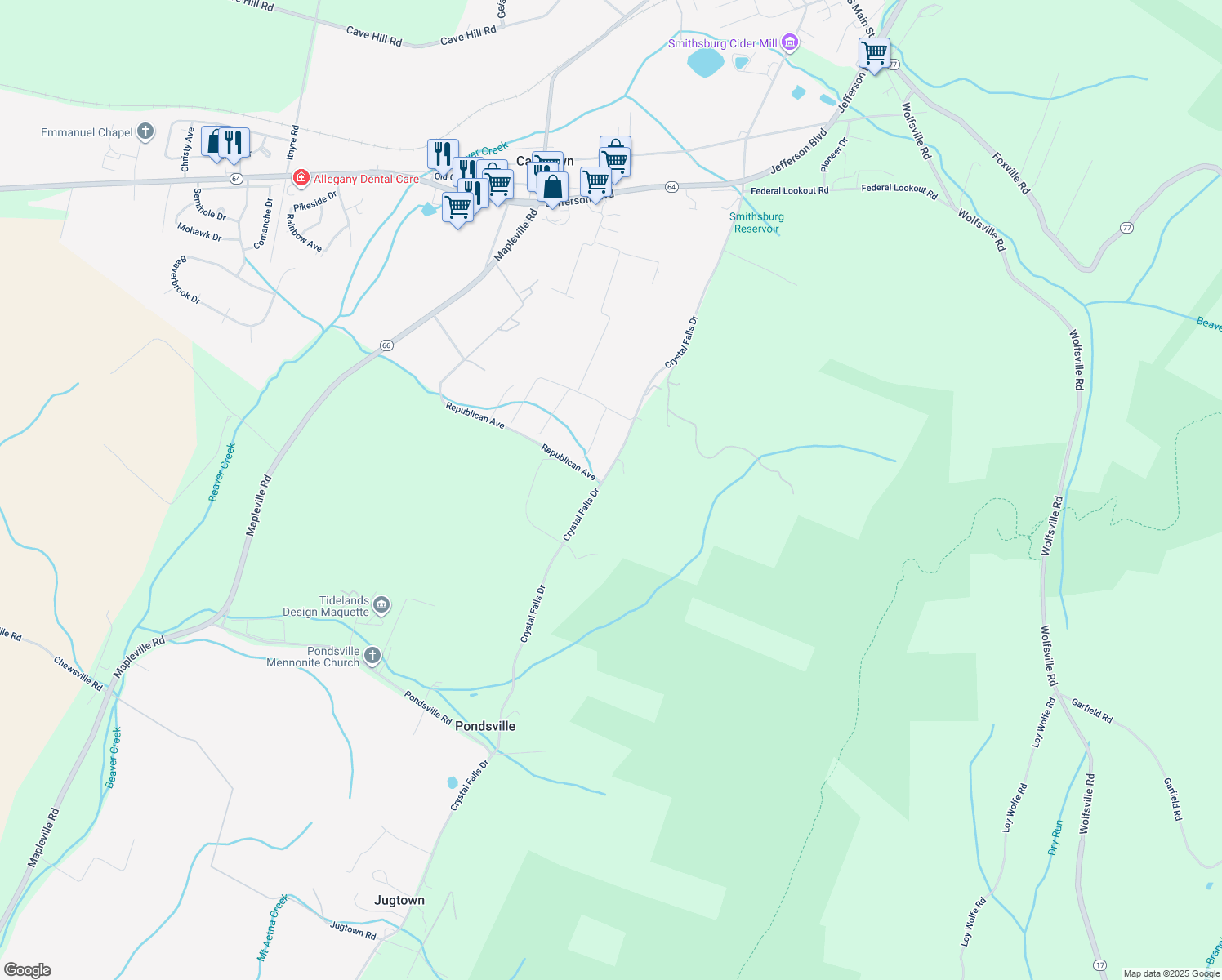 map of restaurants, bars, coffee shops, grocery stores, and more near 11503 Crystal Falls Drive in Smithsburg