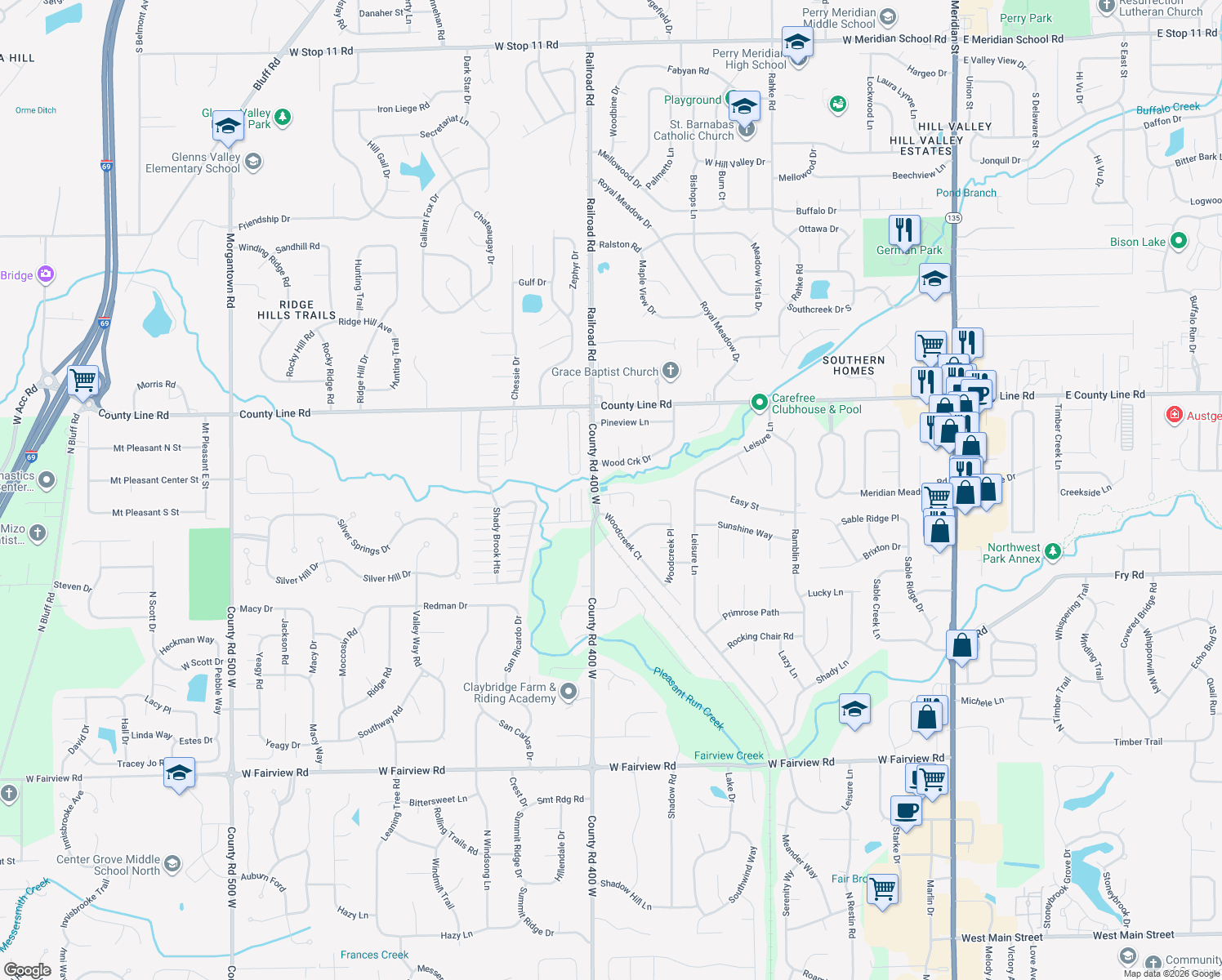map of restaurants, bars, coffee shops, grocery stores, and more near 3976 Kristi Way in Greenwood