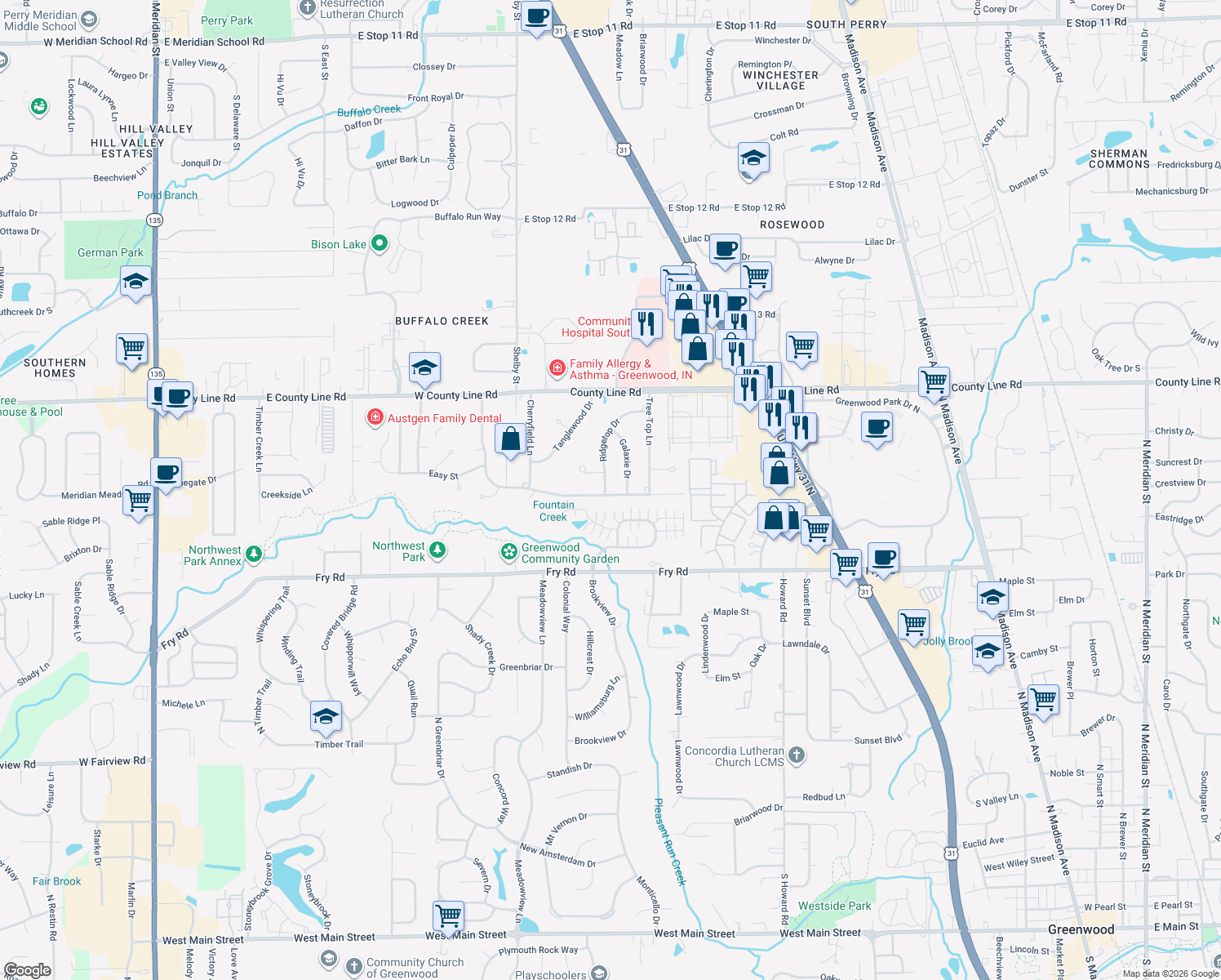 map of restaurants, bars, coffee shops, grocery stores, and more near 964 Rolling Hill Road in Greenwood