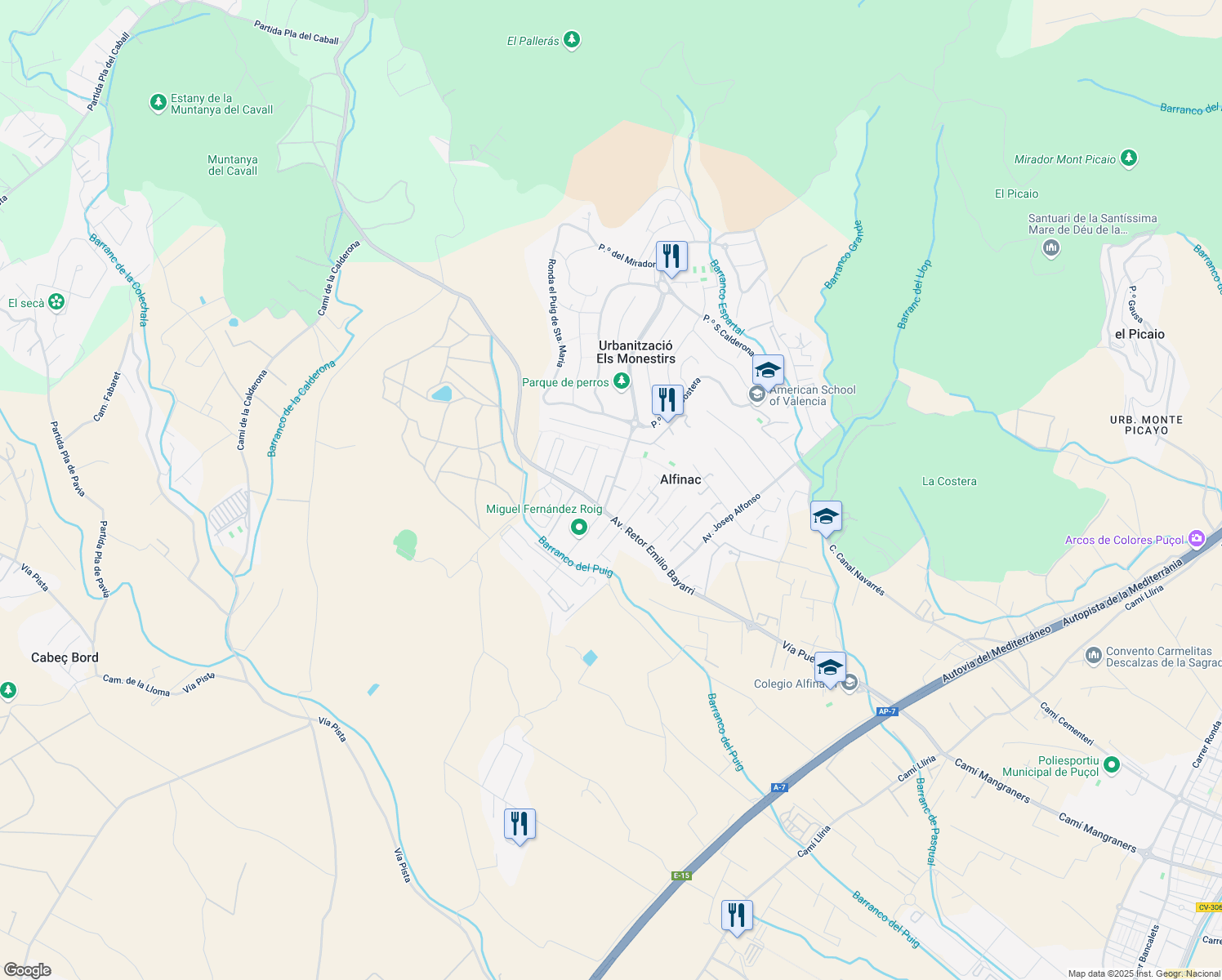 map of restaurants, bars, coffee shops, grocery stores, and more near 19 Carrer Camp de Morvedre in Alfinac