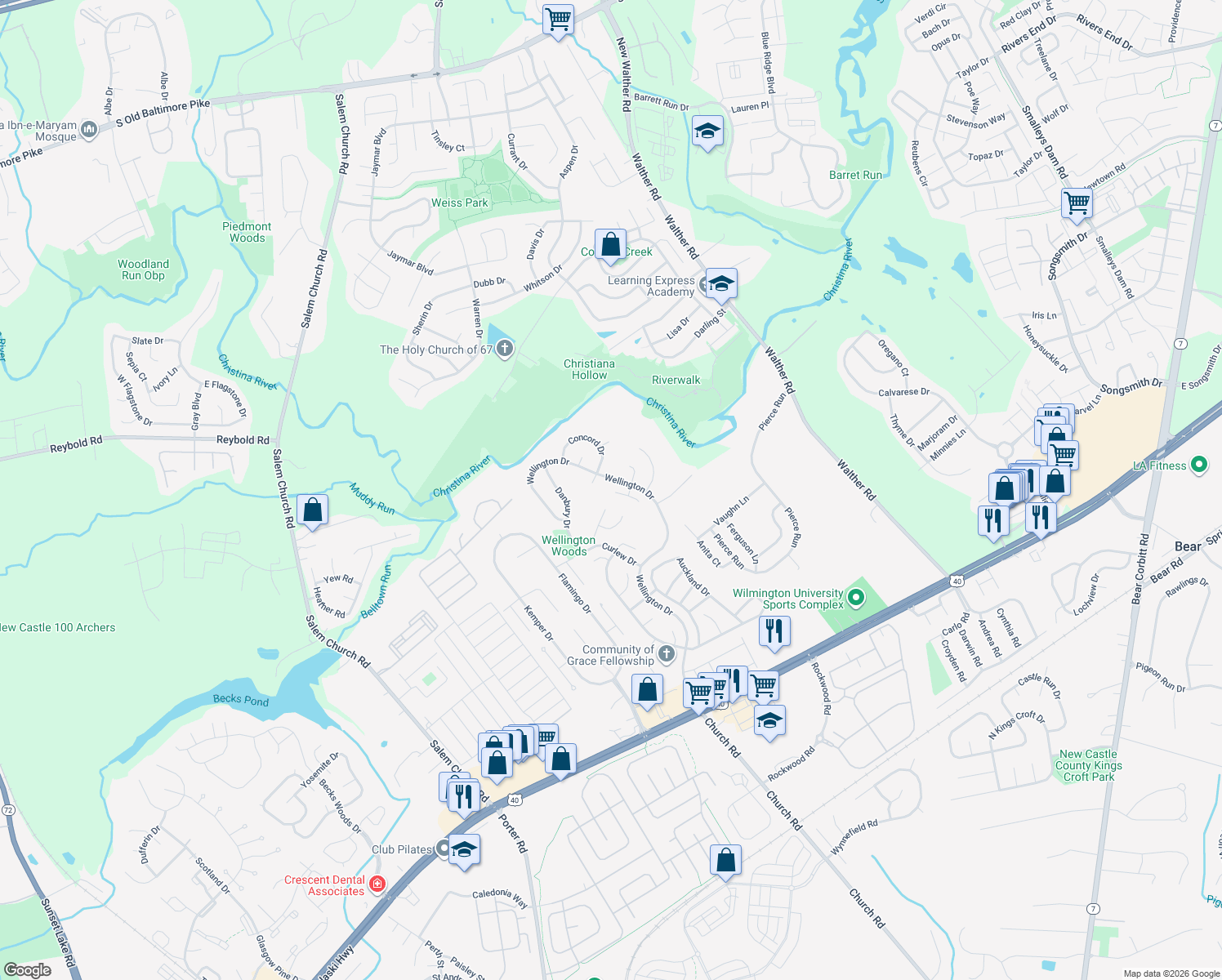 map of restaurants, bars, coffee shops, grocery stores, and more near 2 Tarcote Court in Newark