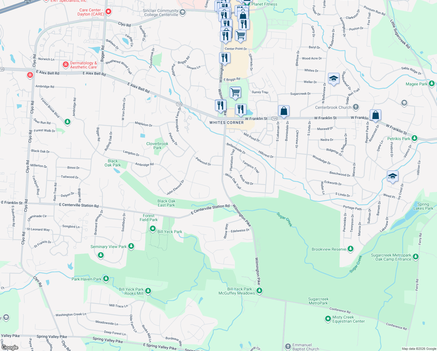 map of restaurants, bars, coffee shops, grocery stores, and more near 7355 Wilmington Pike in Dayton