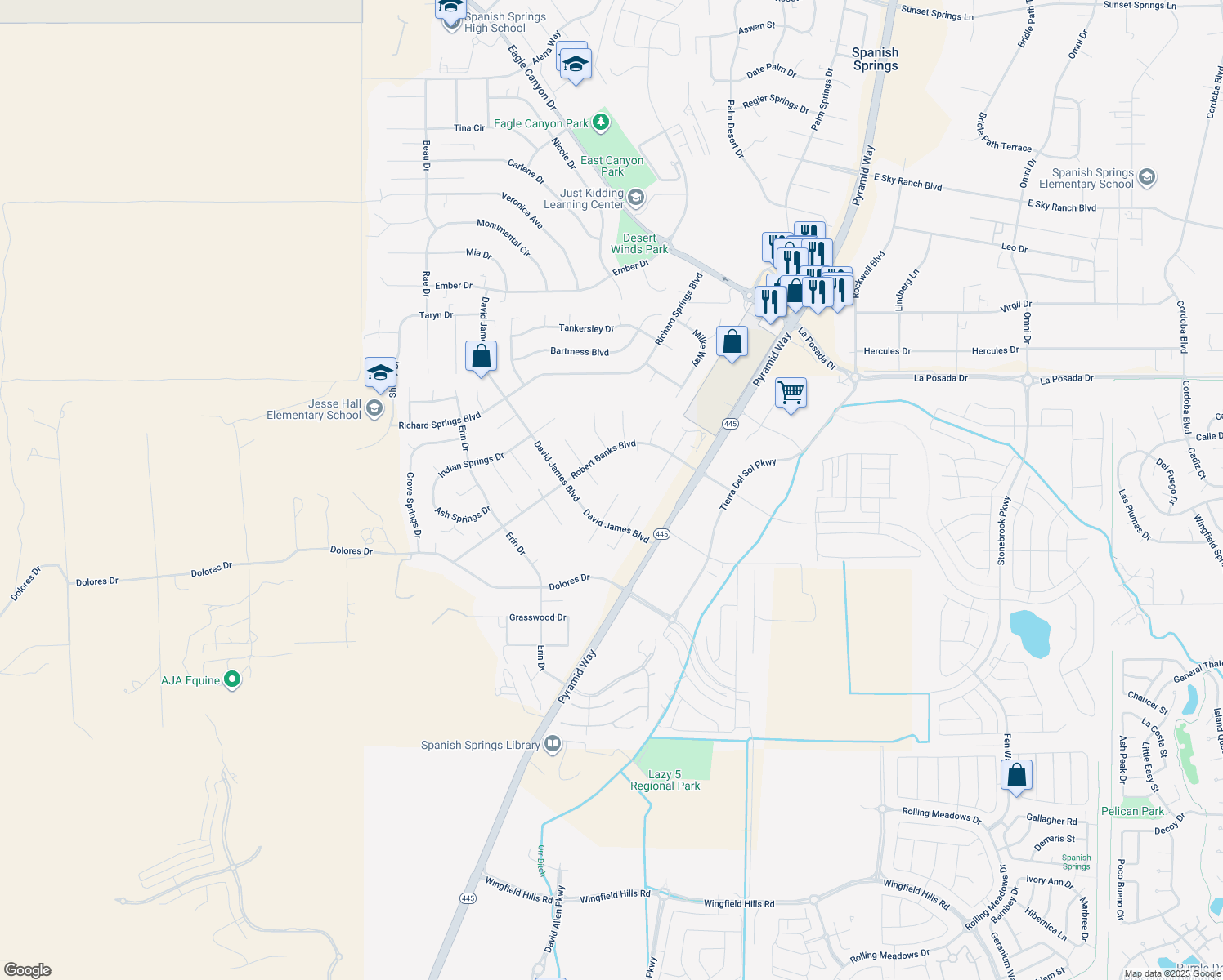 map of restaurants, bars, coffee shops, grocery stores, and more near 55 North Tropicana Circle in Sparks