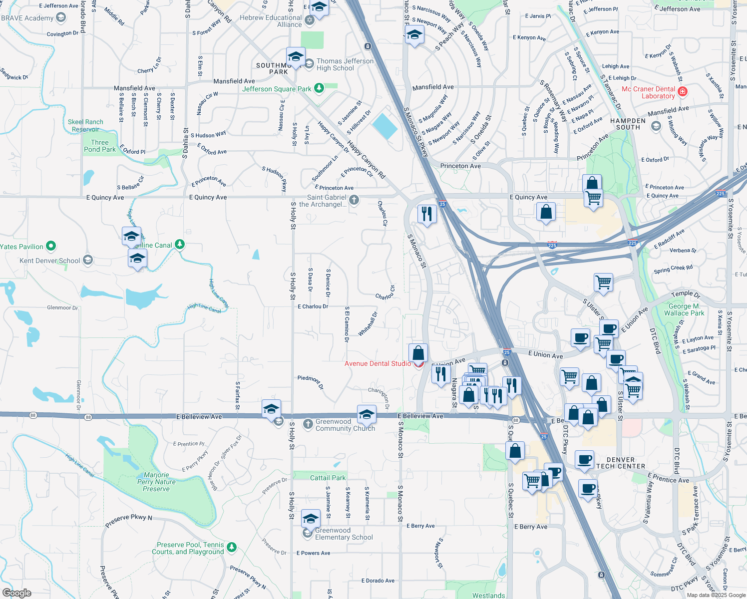 map of restaurants, bars, coffee shops, grocery stores, and more near 48 Charlou Circle in Cherry Hills Village