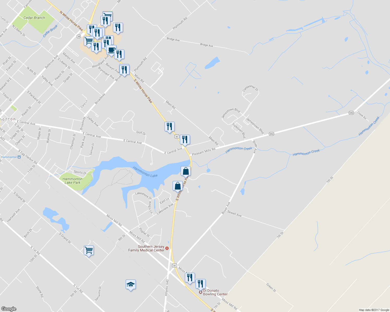 map of restaurants, bars, coffee shops, grocery stores, and more near 8 Pleasant Mills Road in Hammonton