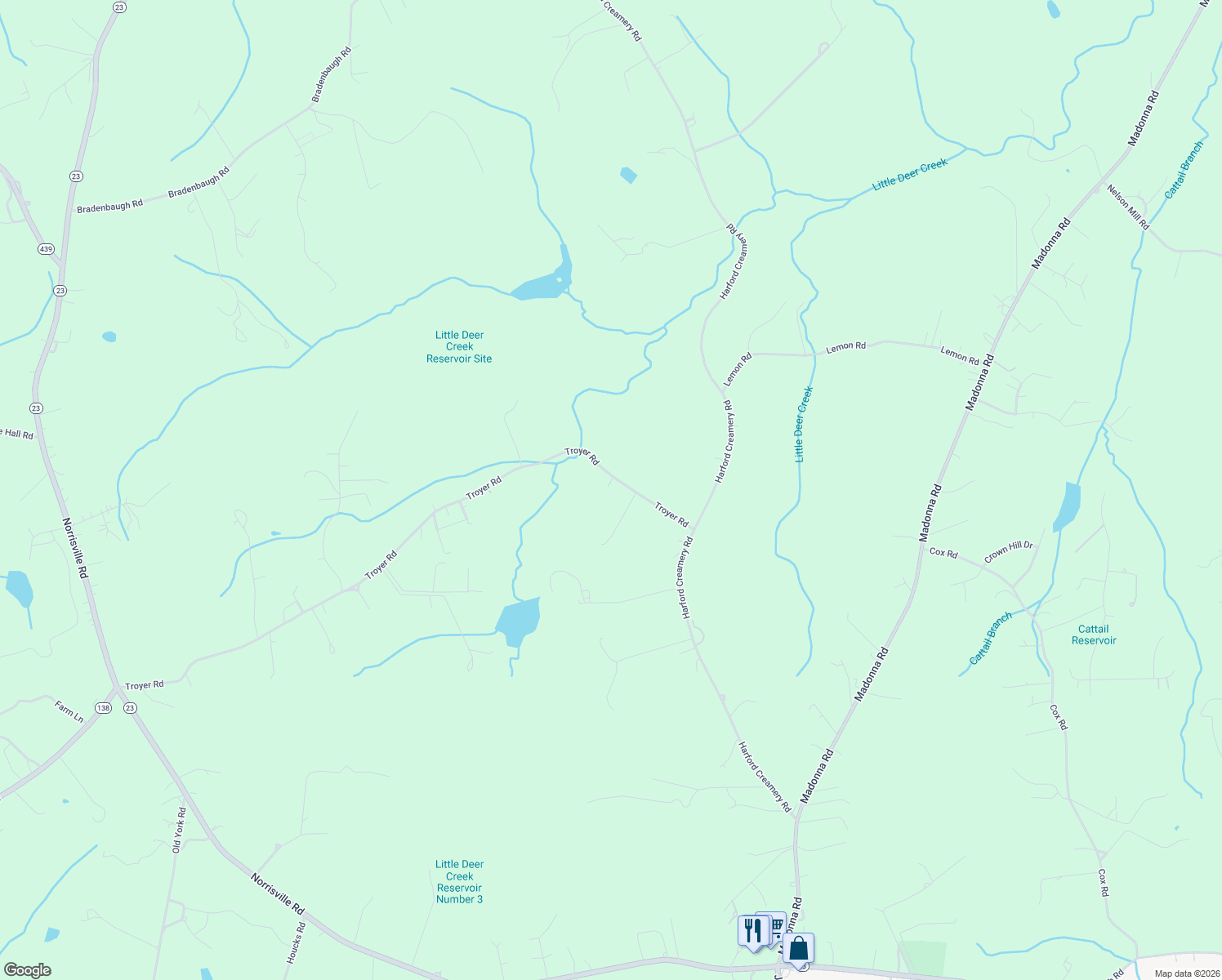 map of restaurants, bars, coffee shops, grocery stores, and more near 2727 Troyer Road in White Hall
