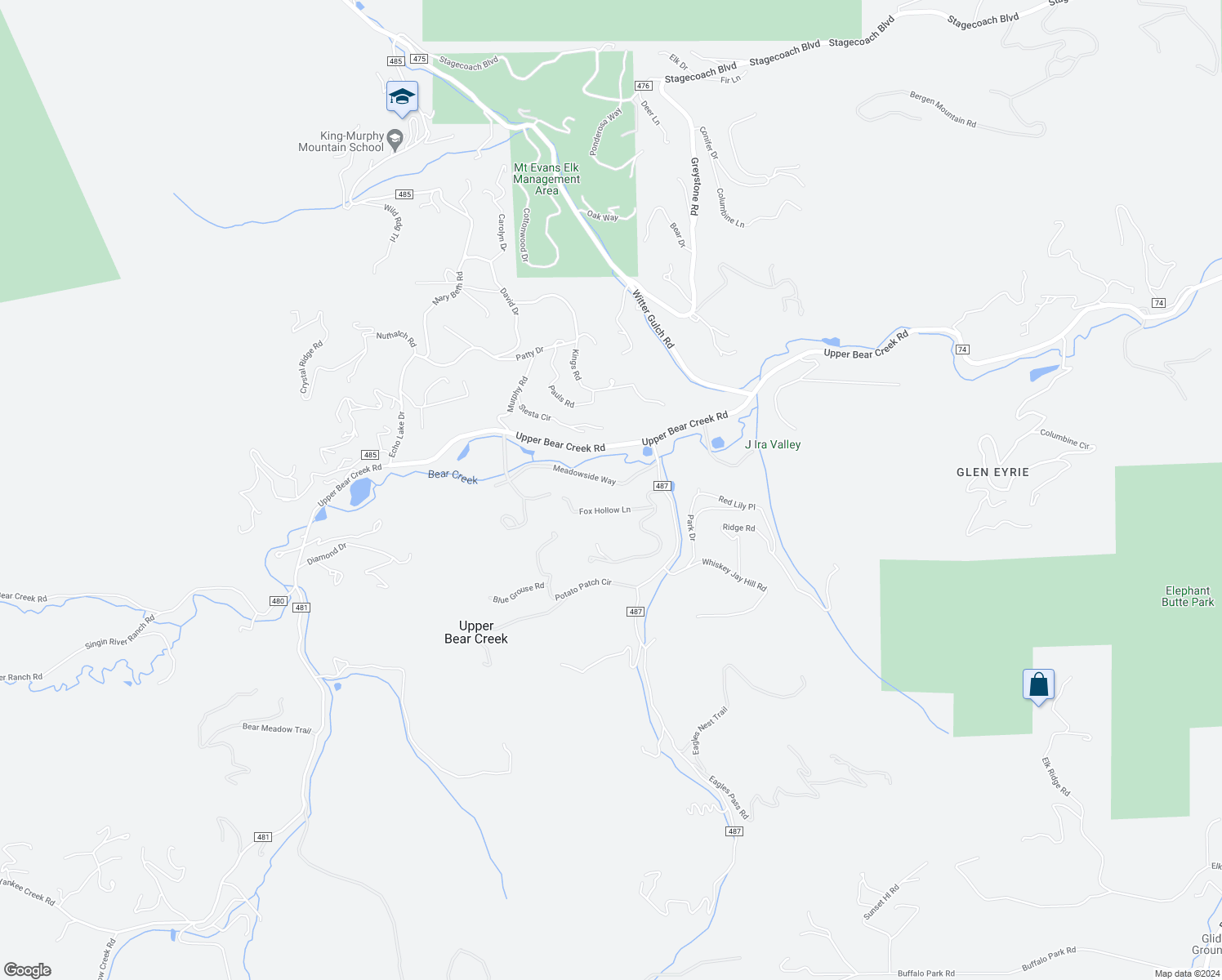 map of restaurants, bars, coffee shops, grocery stores, and more near 151 Fox Hollow Lane in Evergreen