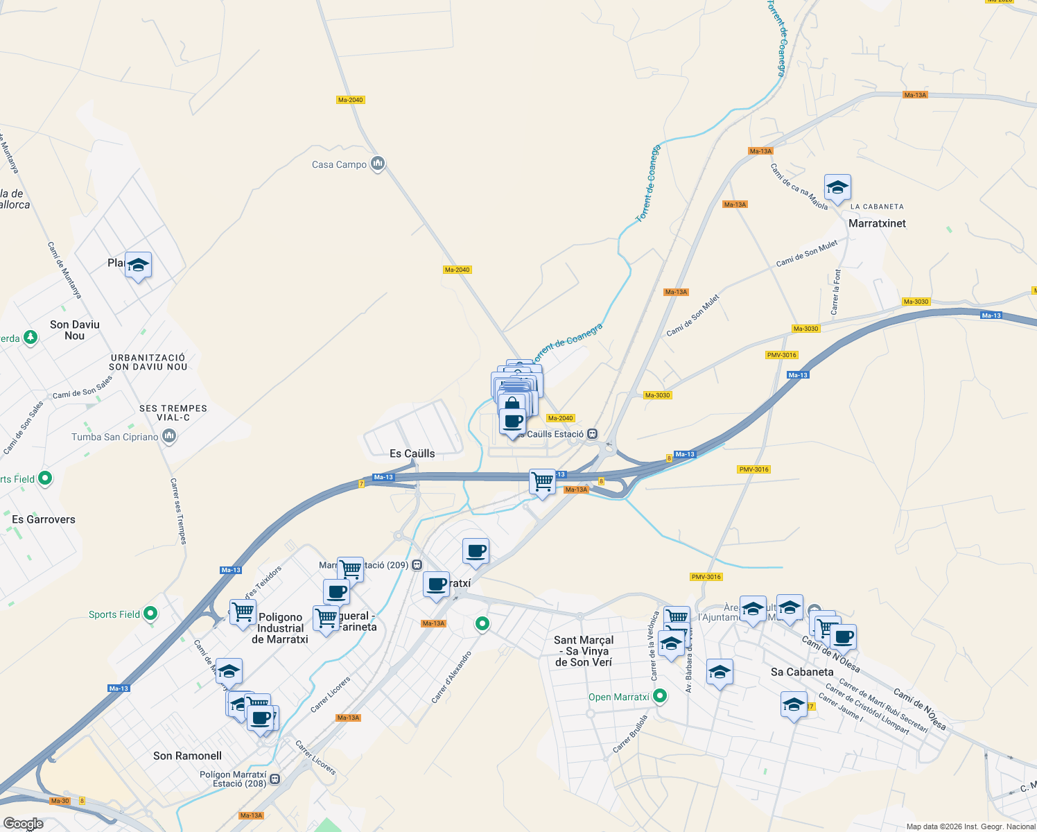 map of restaurants, bars, coffee shops, grocery stores, and more near 2 Urbanització Sector 4-2-2 in Marratxinet
