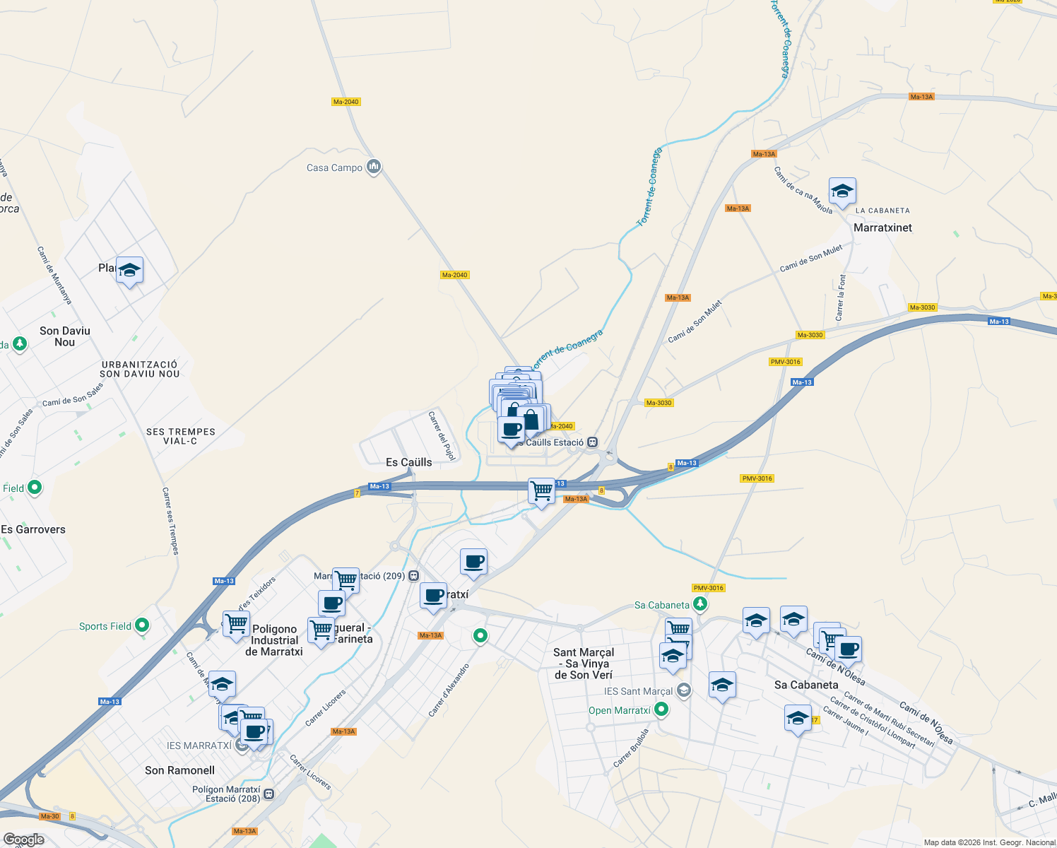 map of restaurants, bars, coffee shops, grocery stores, and more near 2 Urbanització Sector 4-2-2 in Marratxinet