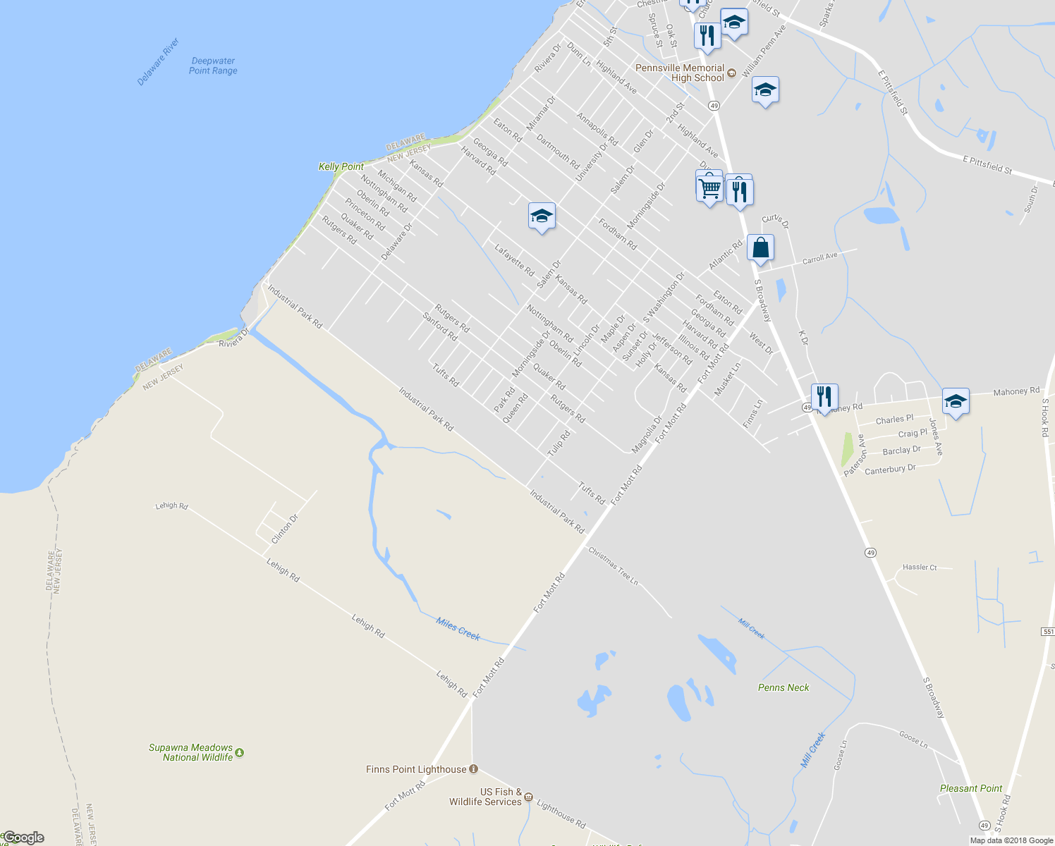 map of restaurants, bars, coffee shops, grocery stores, and more near 198 Lincoln Dr in Pennsville Township