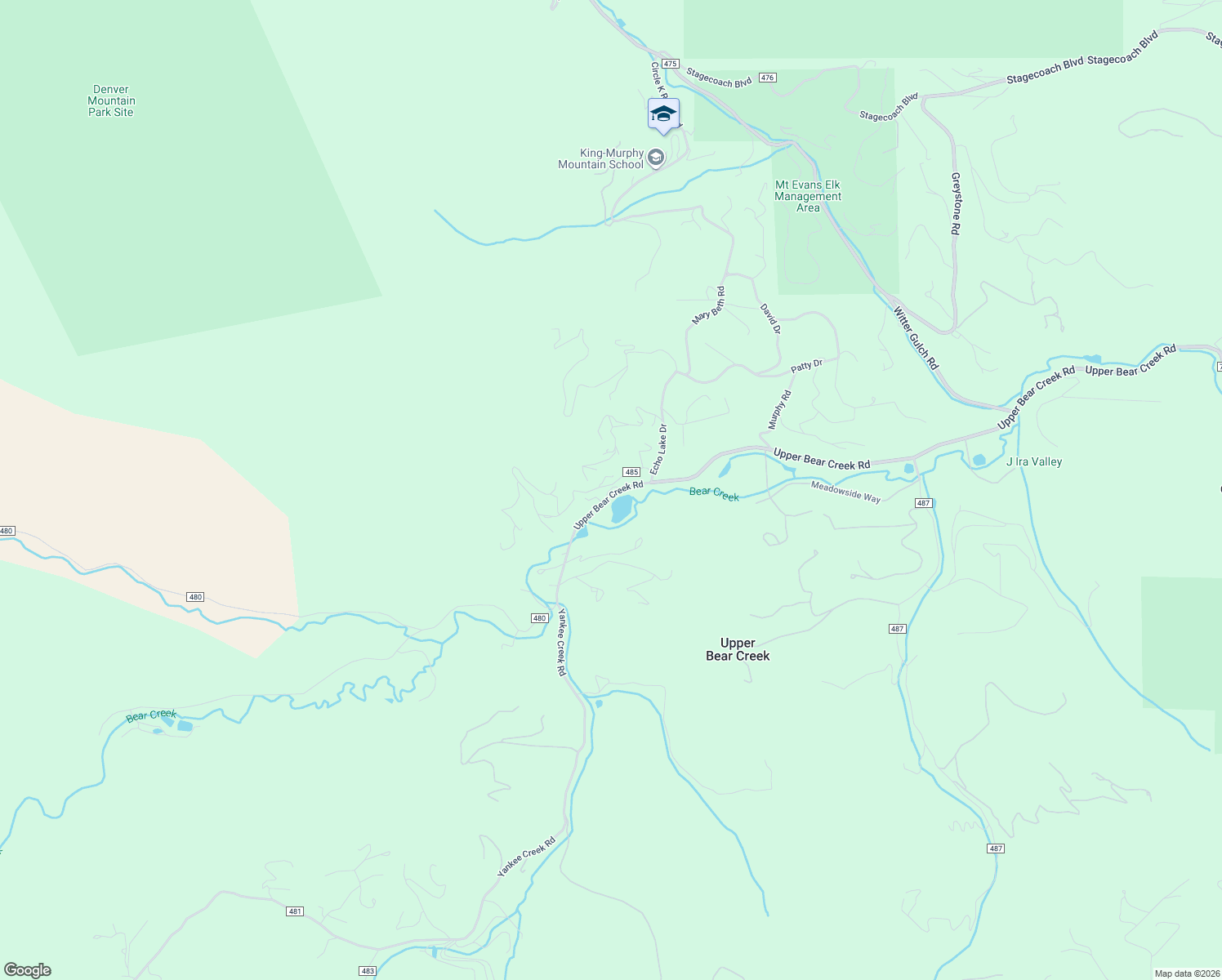map of restaurants, bars, coffee shops, grocery stores, and more near 1179 Upper Bear Creek Road in Evergreen