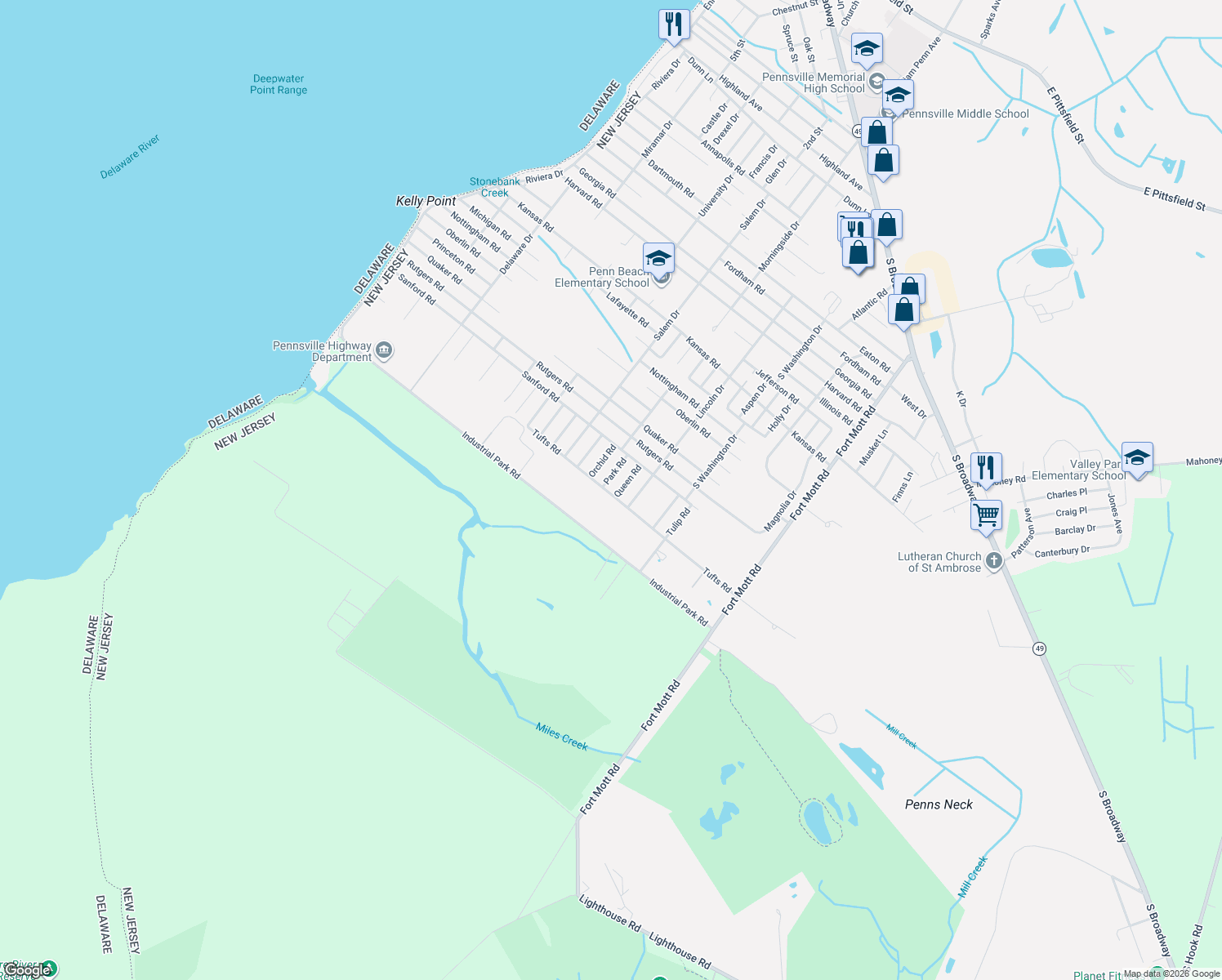 map of restaurants, bars, coffee shops, grocery stores, and more near 86 Tufts Road in Pennsville Township