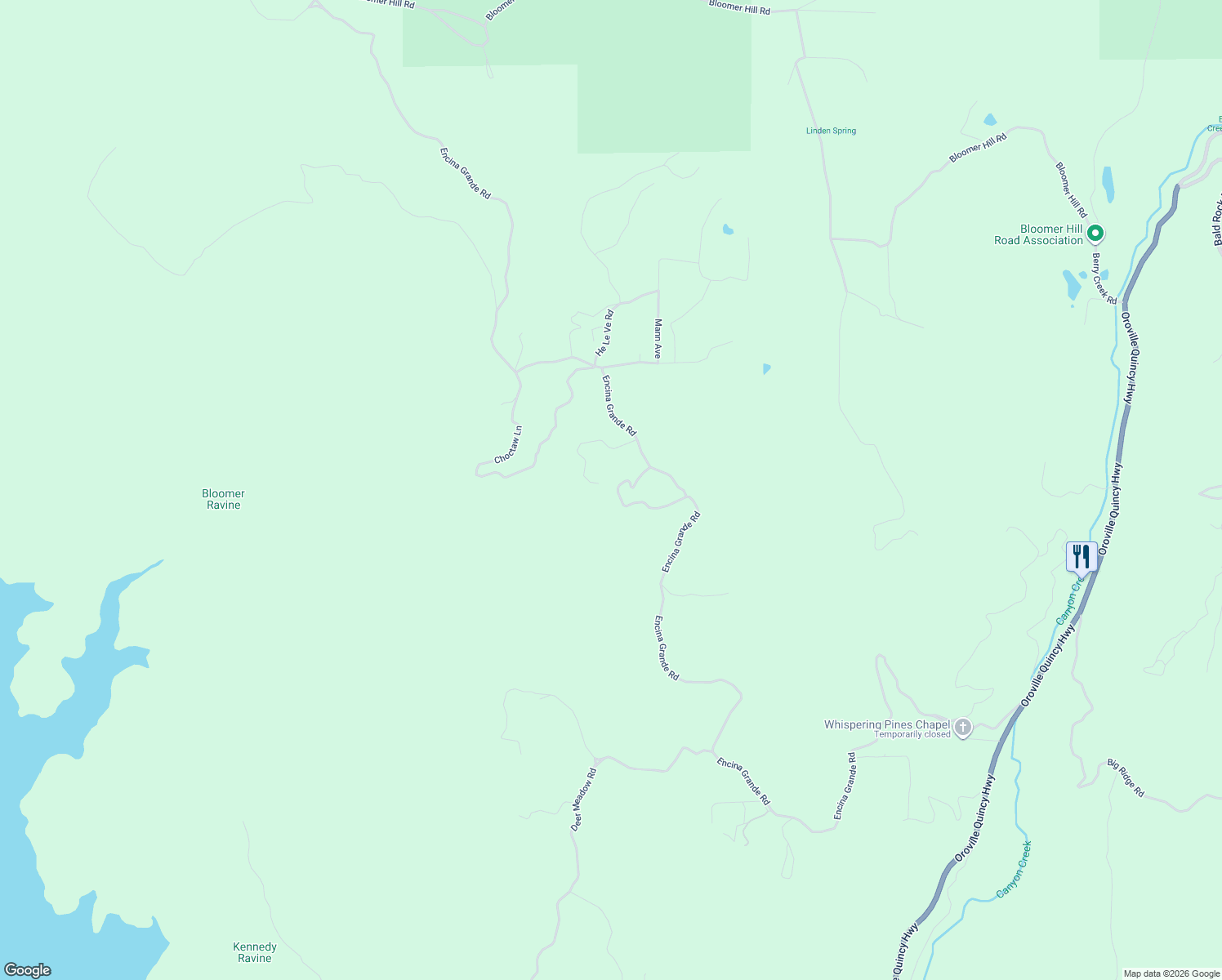 map of restaurants, bars, coffee shops, grocery stores, and more near 25 Feather Ridge Way in Berry Creek