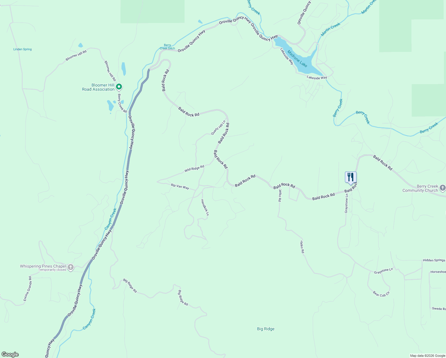 map of restaurants, bars, coffee shops, grocery stores, and more near 2 Katella Road in Berry Creek