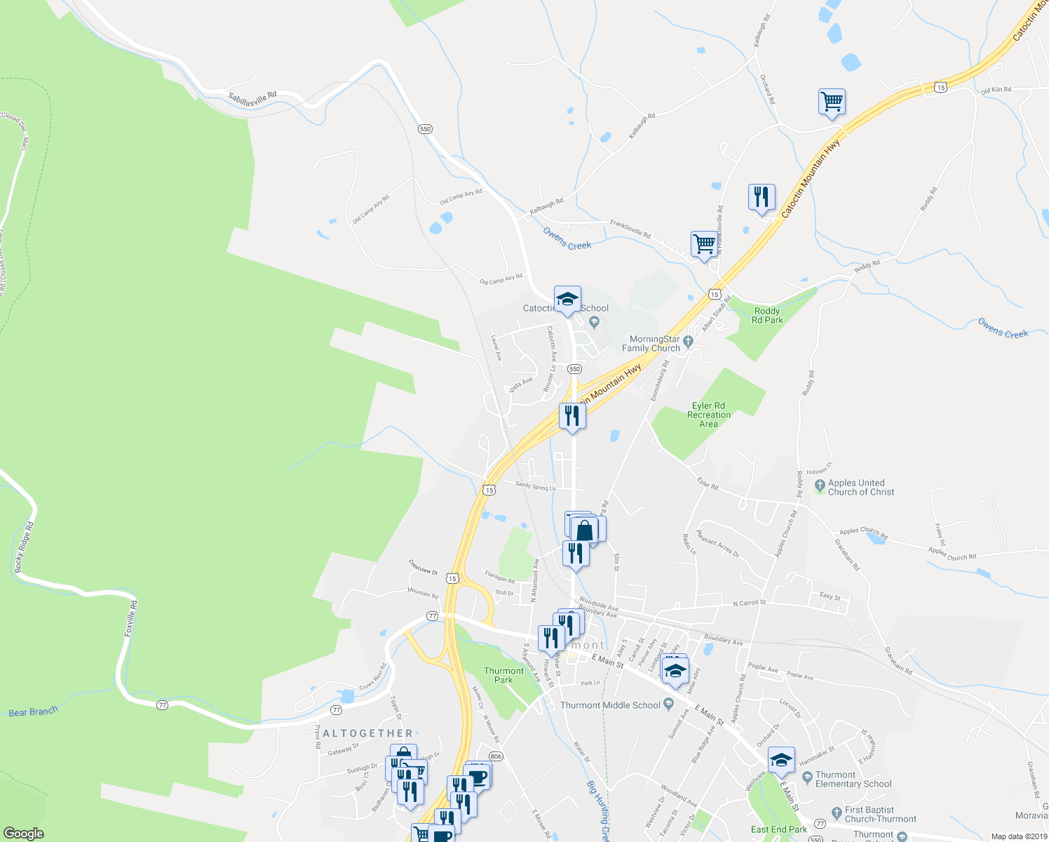 map of restaurants, bars, coffee shops, grocery stores, and more near 6 Rouzer Court in Thurmont