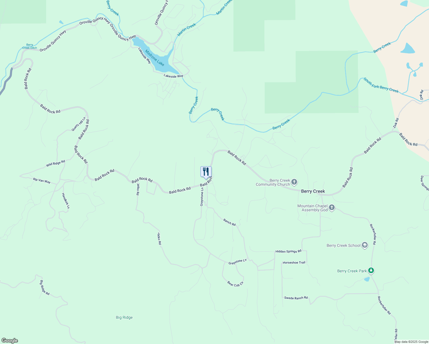map of restaurants, bars, coffee shops, grocery stores, and more near 1090 Bald Rock Road in Berry Creek