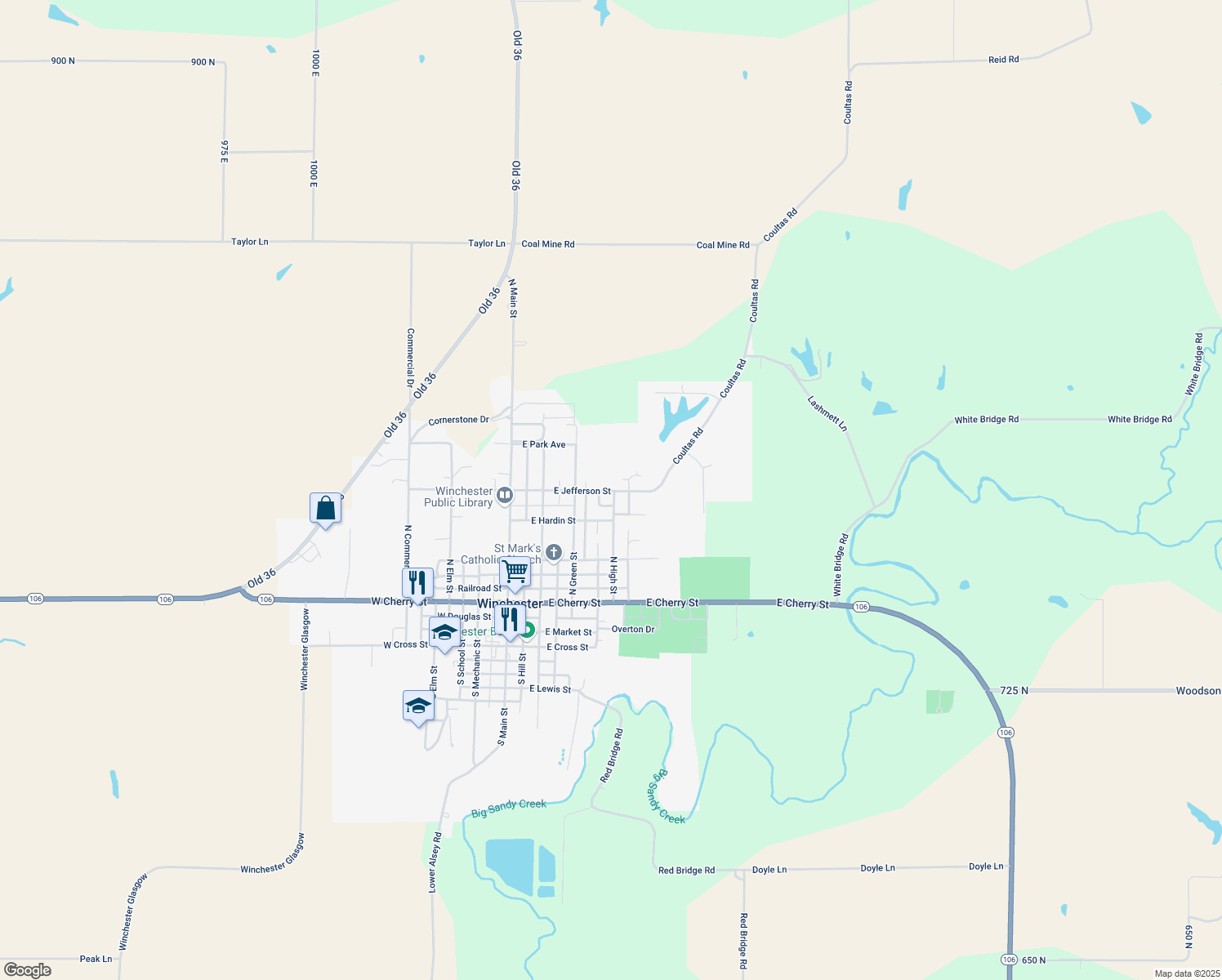 map of restaurants, bars, coffee shops, grocery stores, and more near 292 E Jefferson St in Winchester